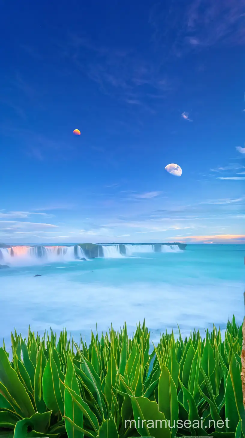 Majestic Sunset with Planets Waterfall and Turquoise Sky over the Sea