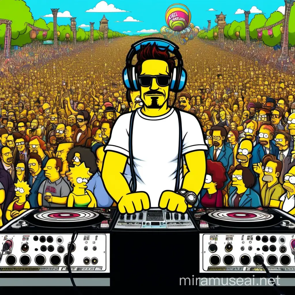 robert downey jr dj'ing at Boomtown Festival, crowd  in style of The Simpsons cartoon
