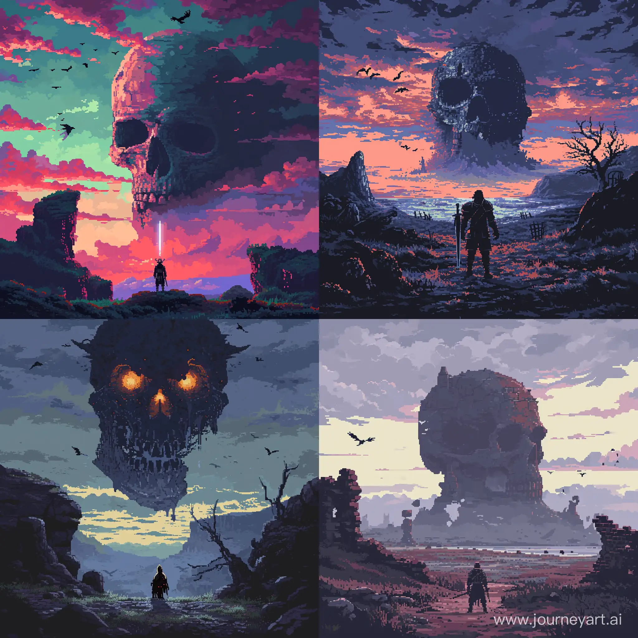 32 bit pixel art, ::1.2. A warrior stands in a desolate land with a giant skull looming above them. The warrior is equipped with a sword and shield, there is a skull with glowing eyes in the background. The scene is set at dusk, there are crows flying around. --v 6