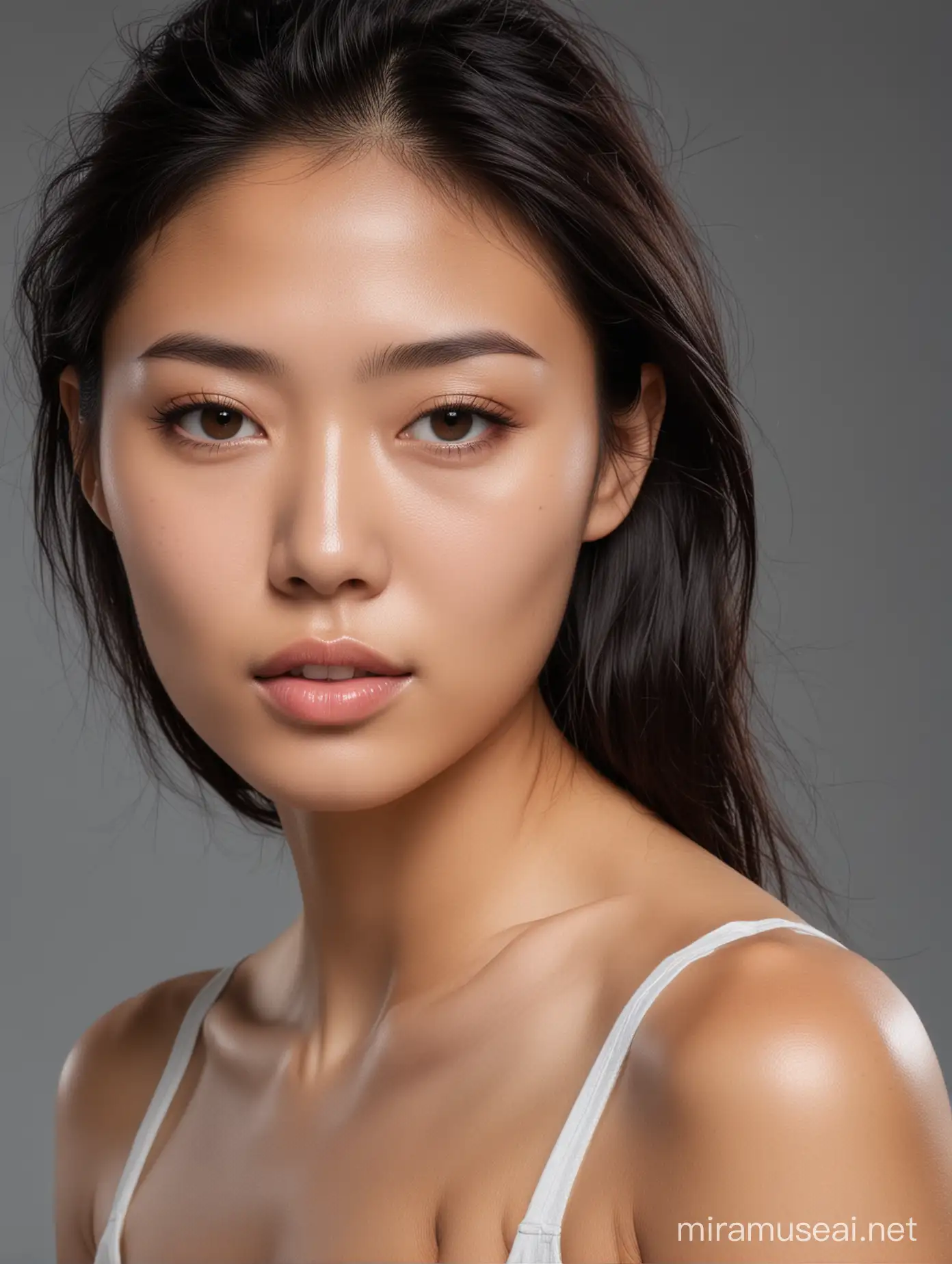 Asian Woman with Natural Dark Hair No Makeup Portrait