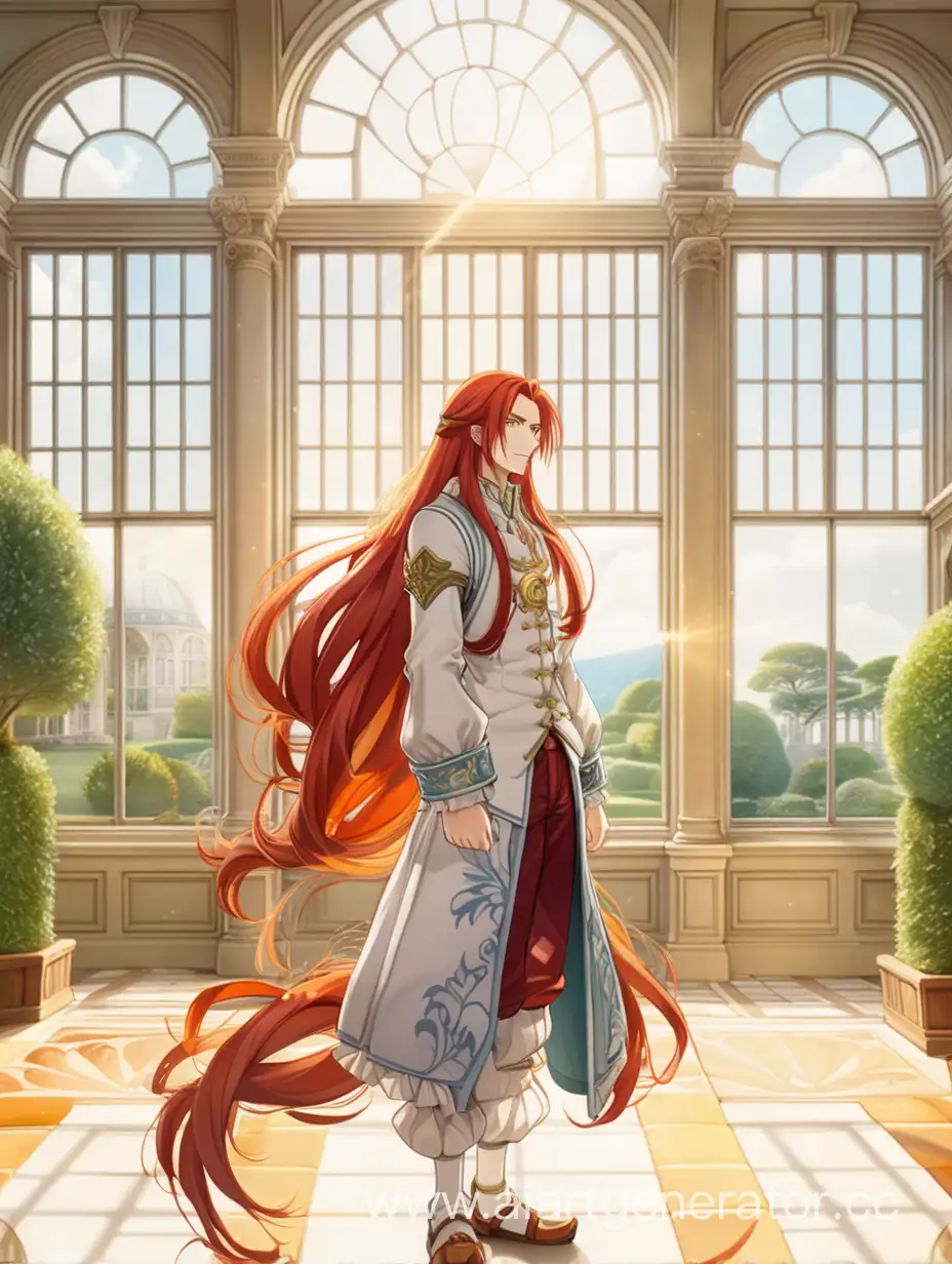 Мужчина с длинными красными волосами, классическая одежда.  Фон оранжерея и большое окно до пола, солнечно. аниме.