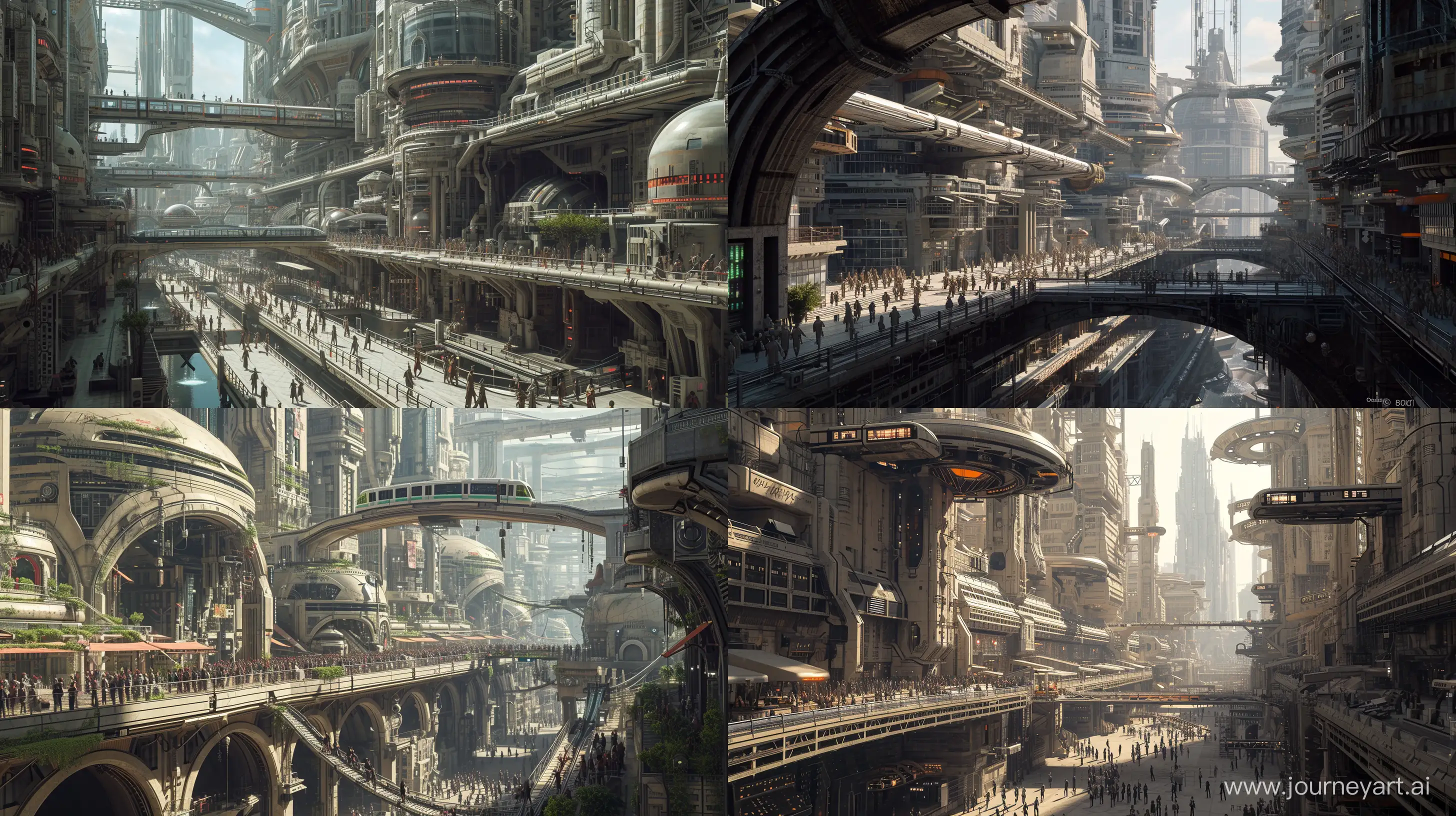 Neo Babylon cyberpunk metropolis, futuristic architecture, high density buildings, tunnels, monorail trains, elevated bridges, people everywhere walking elaborate catwalks, intricate details, highly detailed, ethereal environment, hyper-detailed architecture, photorealistic, octane render, unreal engine, in the style of Tsutomu Nihei and Steve McDonald, 8k --ar 16:9 --v 6.0 --q 1