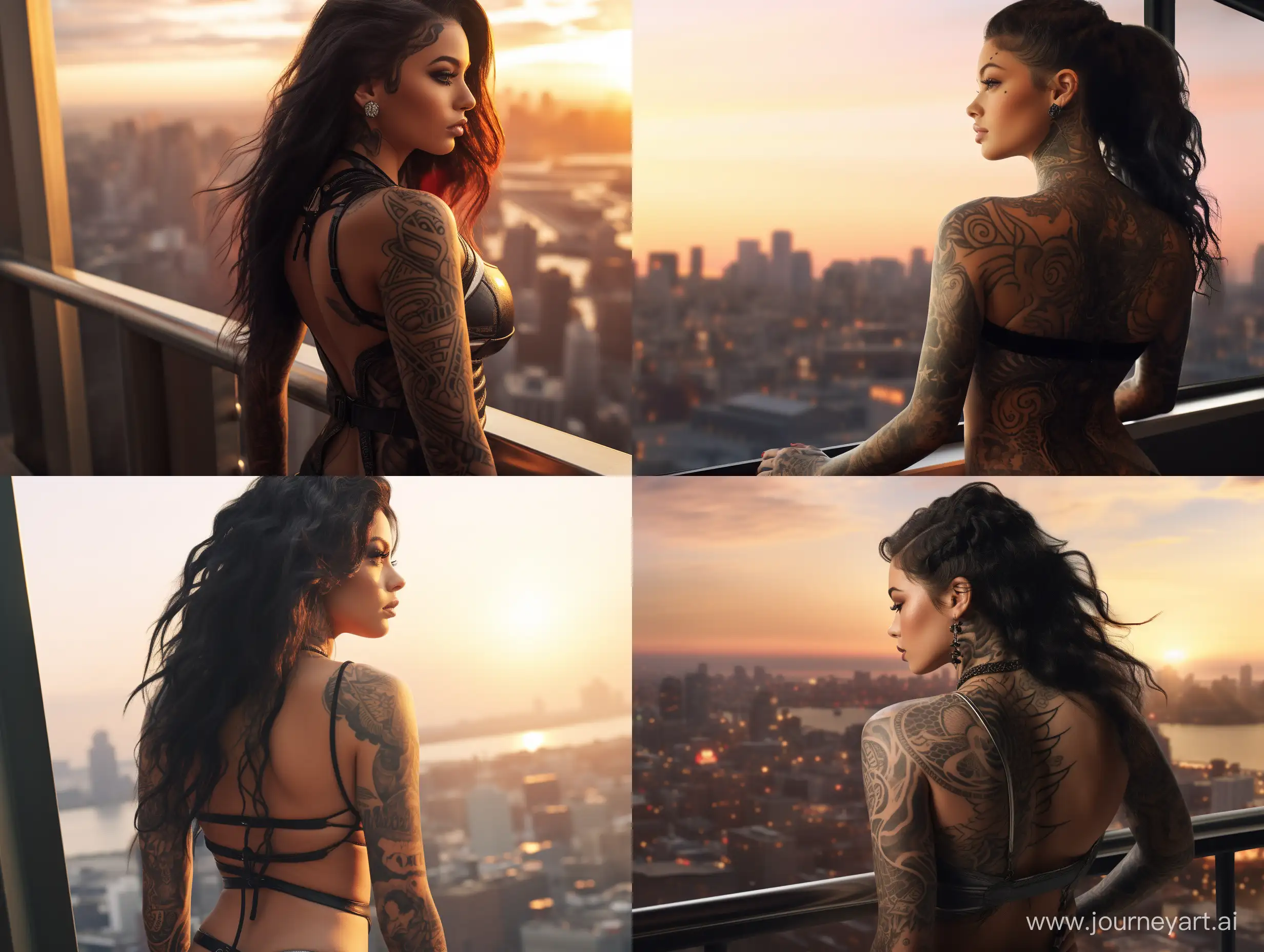 a futuristic woman looking at new york from the distance, natural lighting, looking at the viewer, accessories, new York location, tattoos, pose, high resolution, style RAW, detailed to precise, sunset, thick body type, black hair, visuals,