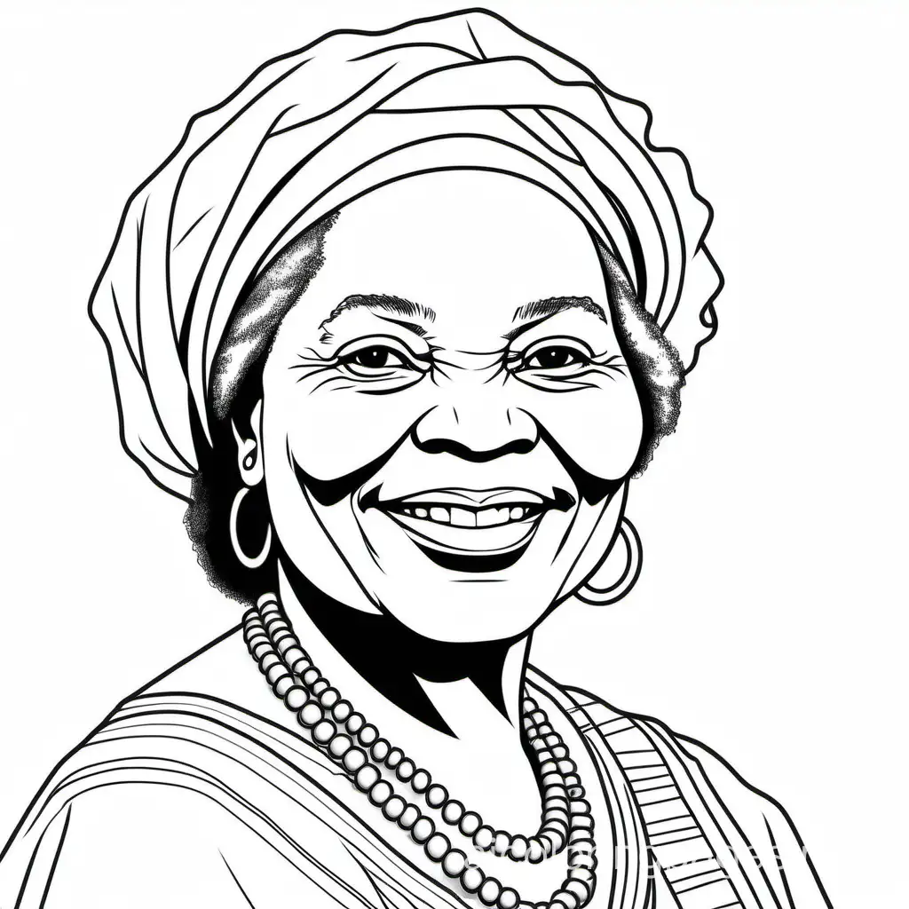 Wangari Maathai , Coloring Page, black and white, line art, white background, Simplicity, Ample White Space. The background of the coloring page is plain white to make it easy for young children to color within the lines. The outlines of all the subjects are easy to distinguish, making it simple for kids to color without too much difficulty