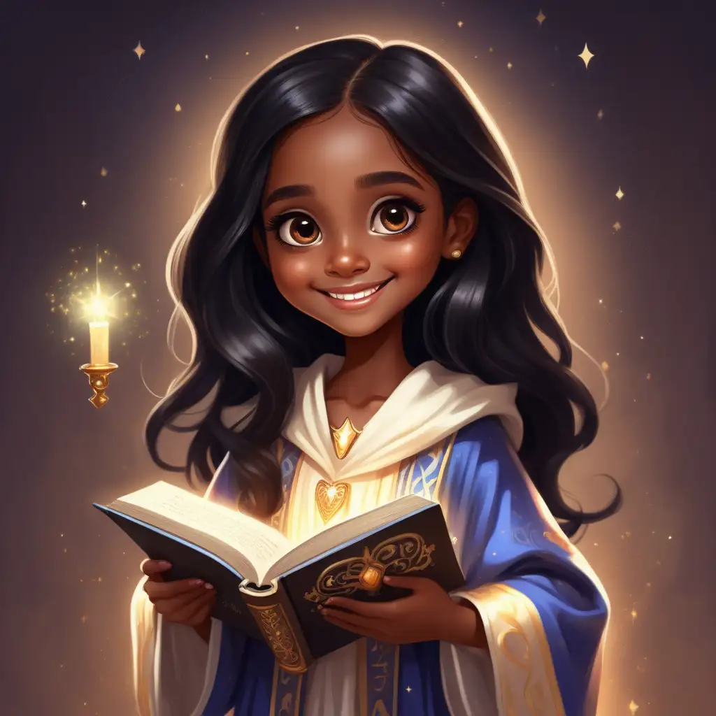 a cute brown skinned girl with long black hair, big eyes and a wonderful curious smile wearing a royal robe holding a magical book that emits light