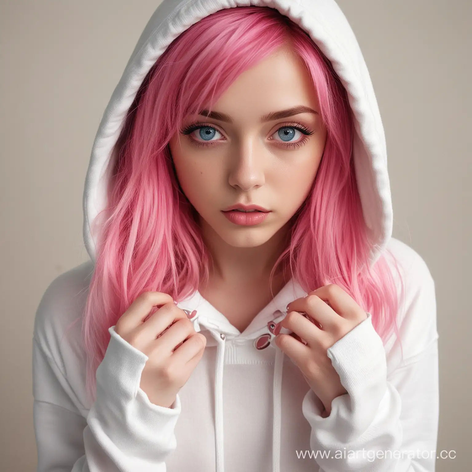 dark pink haired girl,  heart-shaped 
 pink pupils, blue eyes, shy pout, slim body, hands pulling white hoodie down, white legwear, full body view, mid 20s