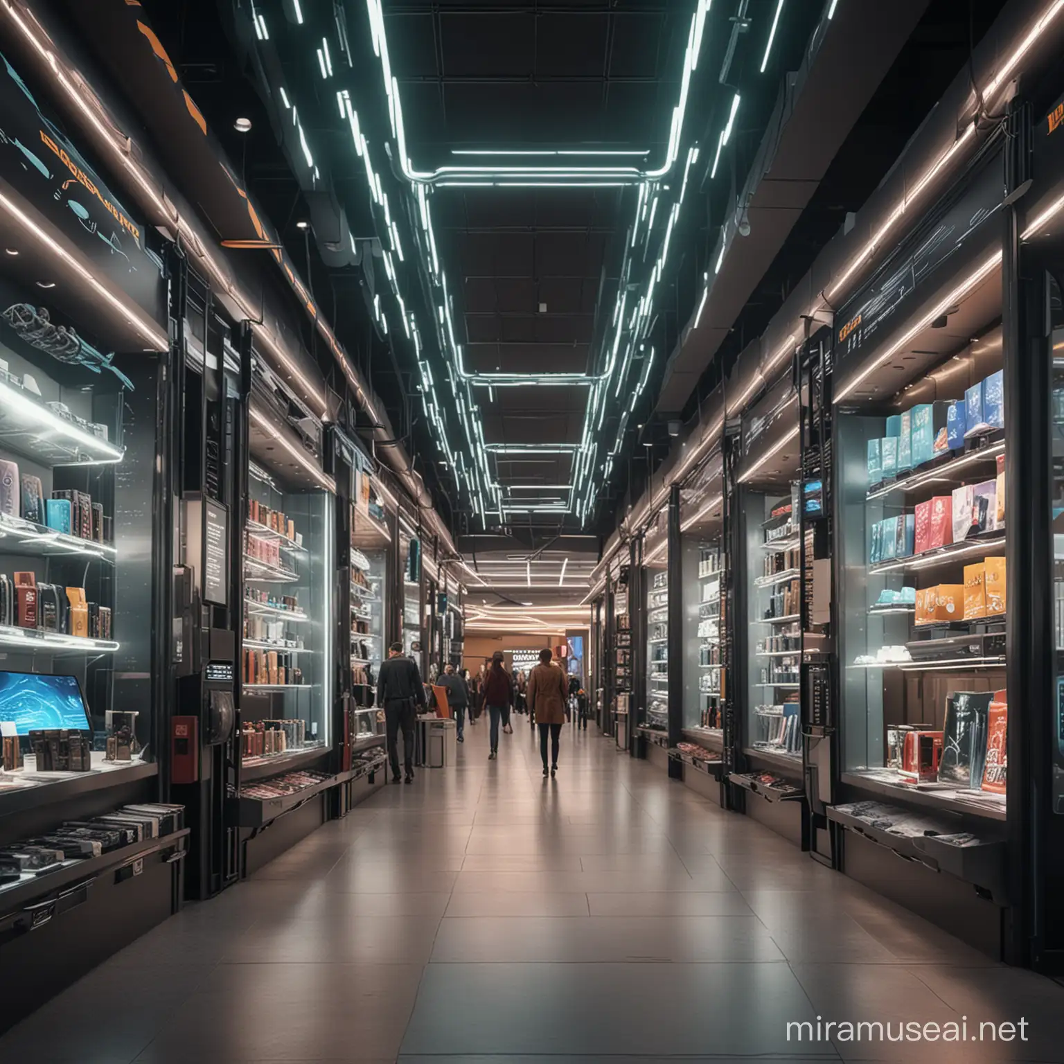 Immersive SciFi Shopping Mall with Futuristic Design and Interactive Displays