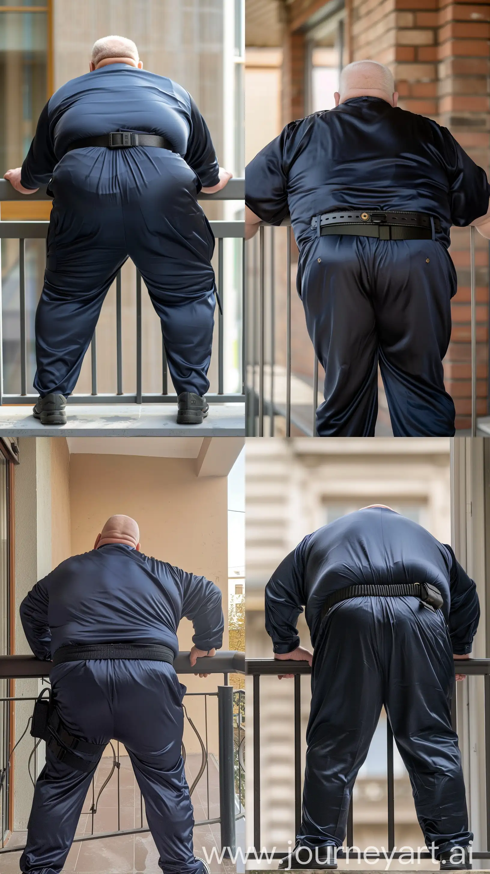 Back view photo of a fat man aged 70 wearing a slim-fitted silk navy tracksuit. Black tactical belt. Standing and leaning forward on both elbows on the railing of a balcony. Outside. Clean Shaven. Natural light. --style raw --ar 9:16