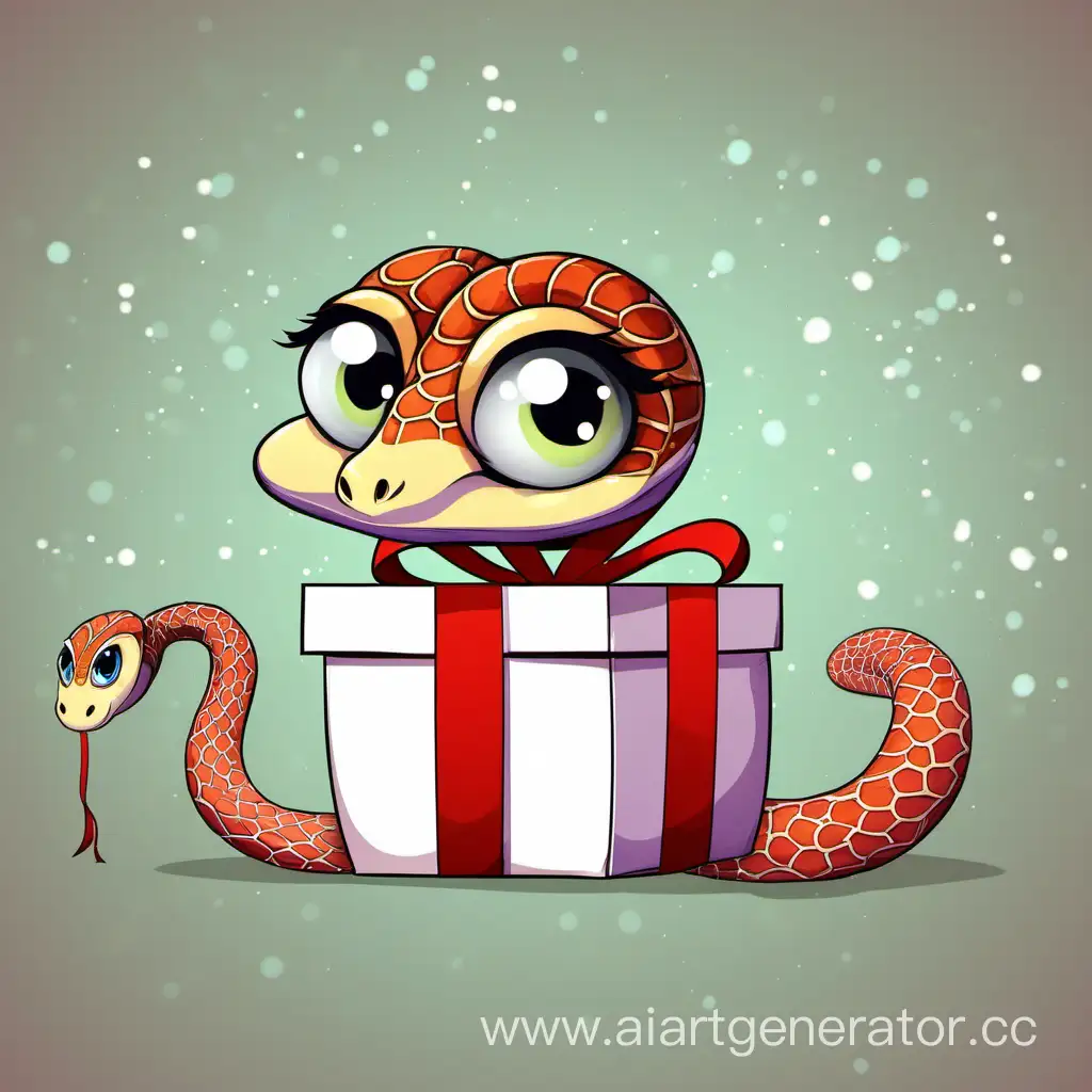 маленький змей  с подарком с большими глазами новый год