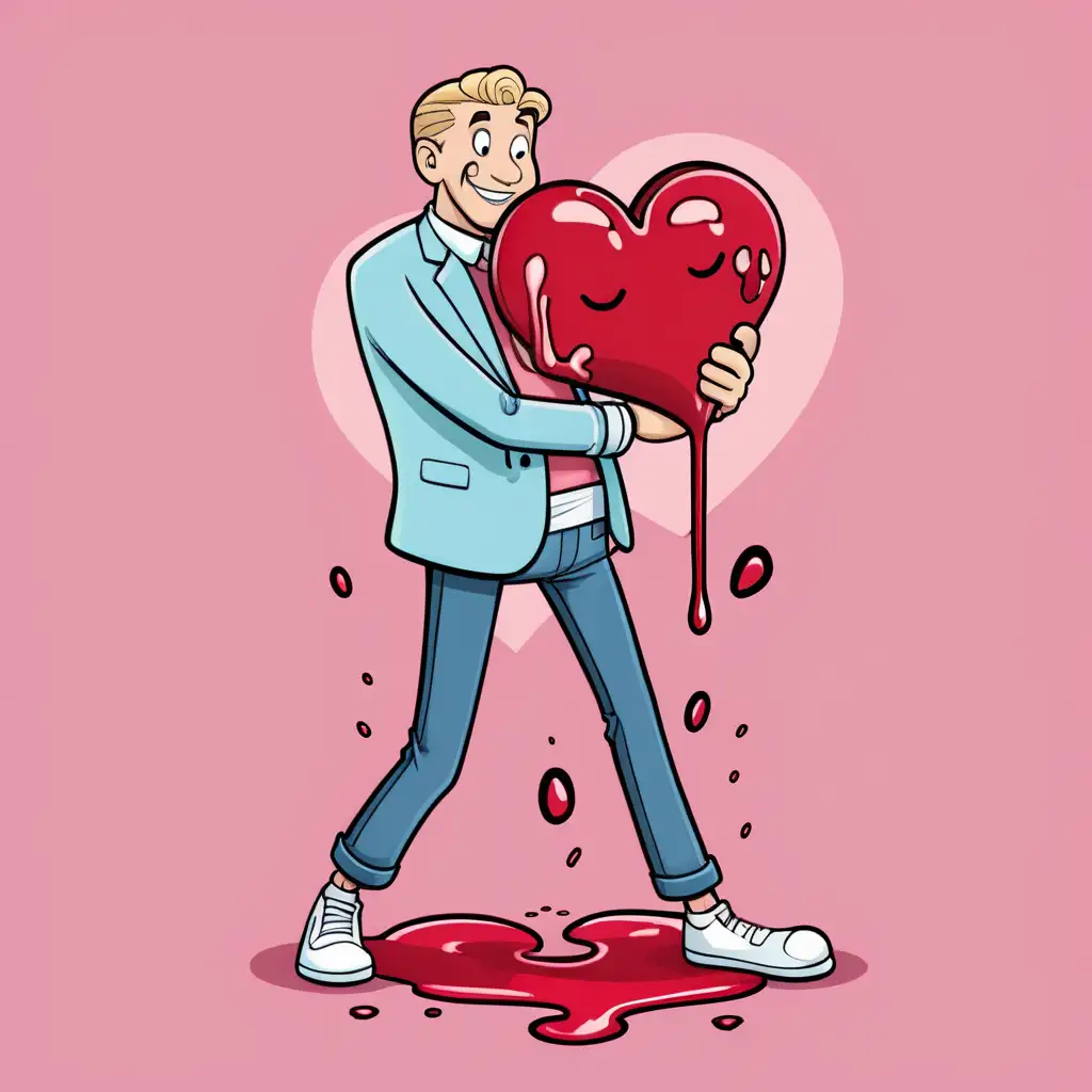 funny valentine  image of a guy with a melting heart and weak knees, happy, cartoon style

