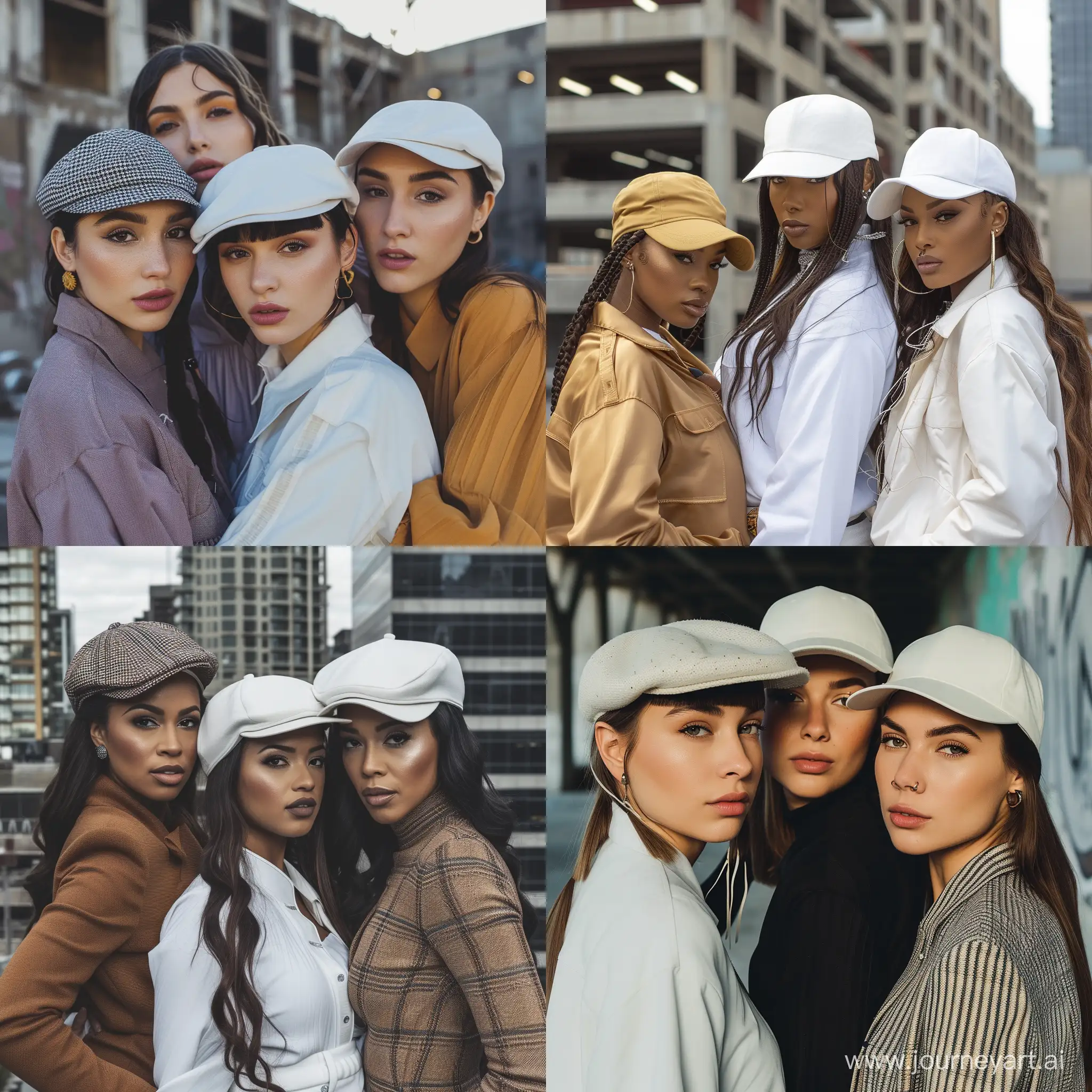3 beautifull women in urban clothes, wearing white cap with flat brim on head, urban background