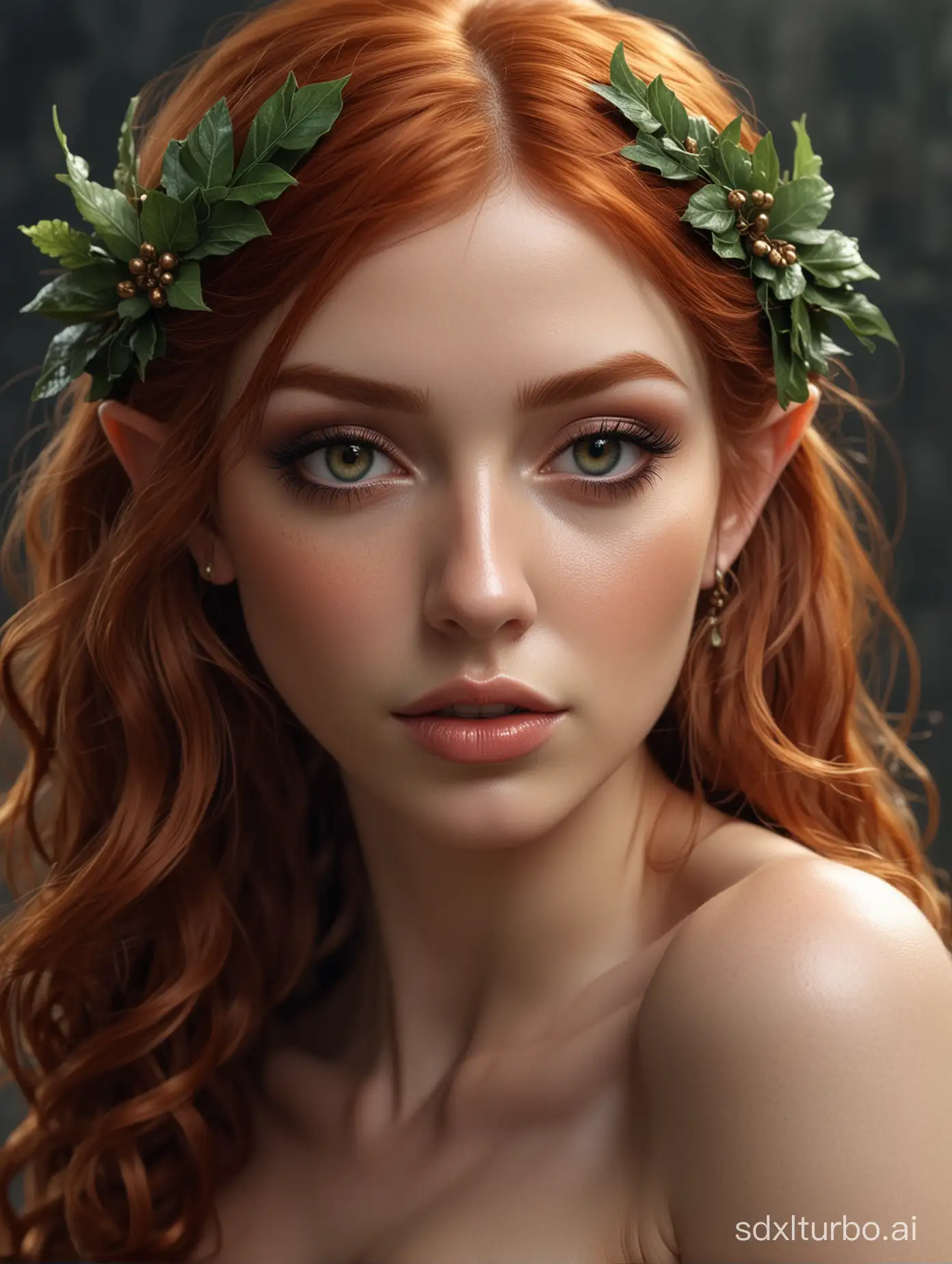 Seductive Ginger Haired Elf, Delicate Makeup, Alluring Pose, detailed and intricate, hyper realist