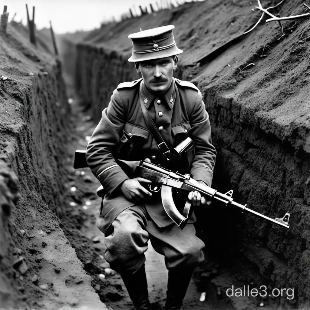 First World War Soldier with Kalashnikov Rifle in Trench | Dalle3 AI