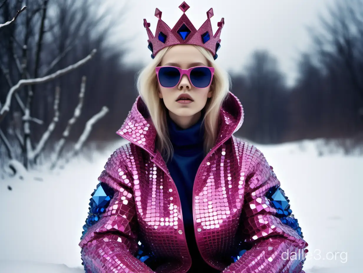 a girl wearing a large jacket with a crown and sunglasses sat in the snow, in the style of vibrant postmodernism, made of crystals, daria endresen, renaissance, joana vasconcelos, light magenta and navy blue 