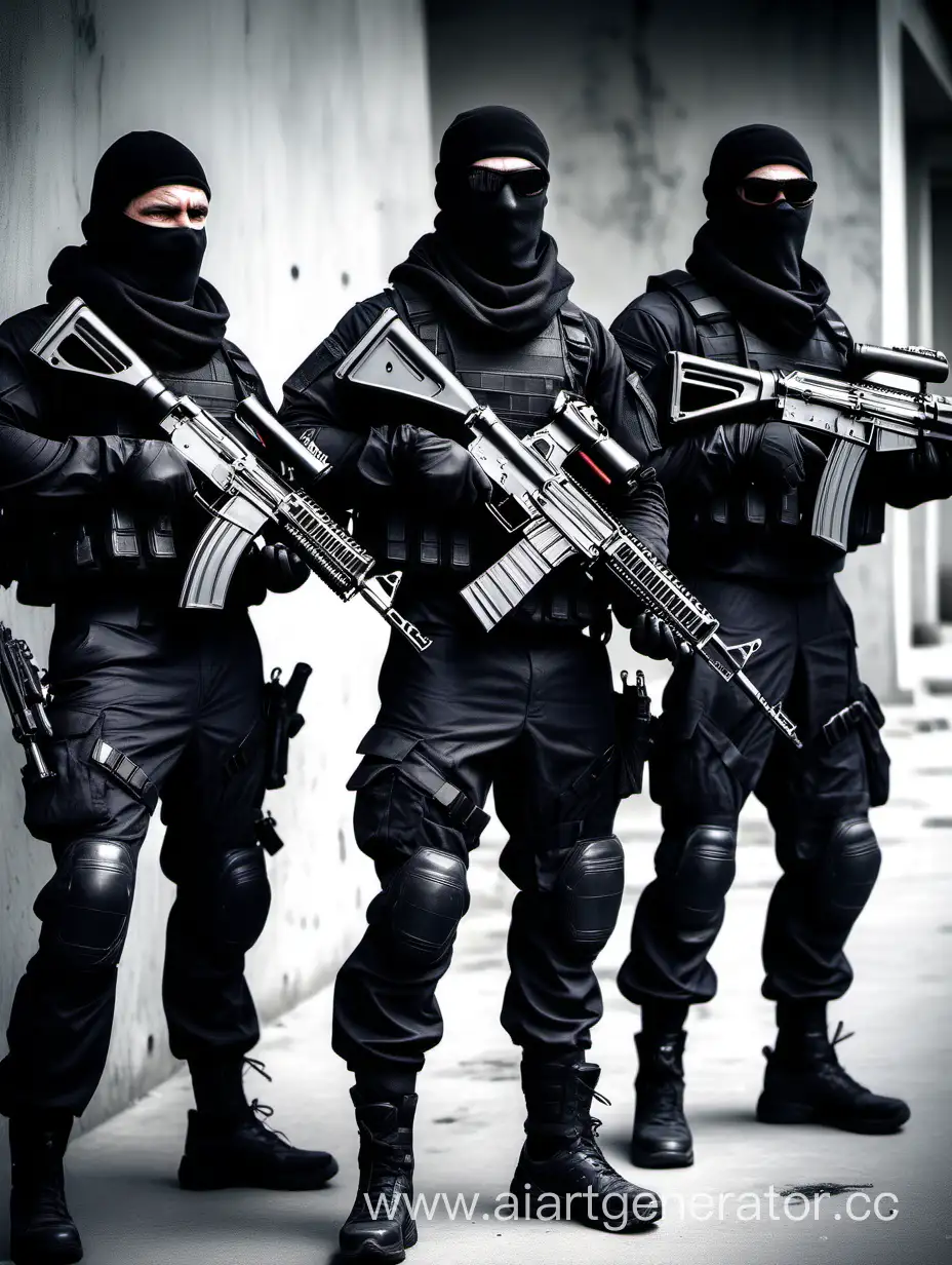 Спецназ, из четверых мужчин, одетых во всё черное, в руках АК74М с глушителем у каждого, сами спецназовцы спортивного телосложения