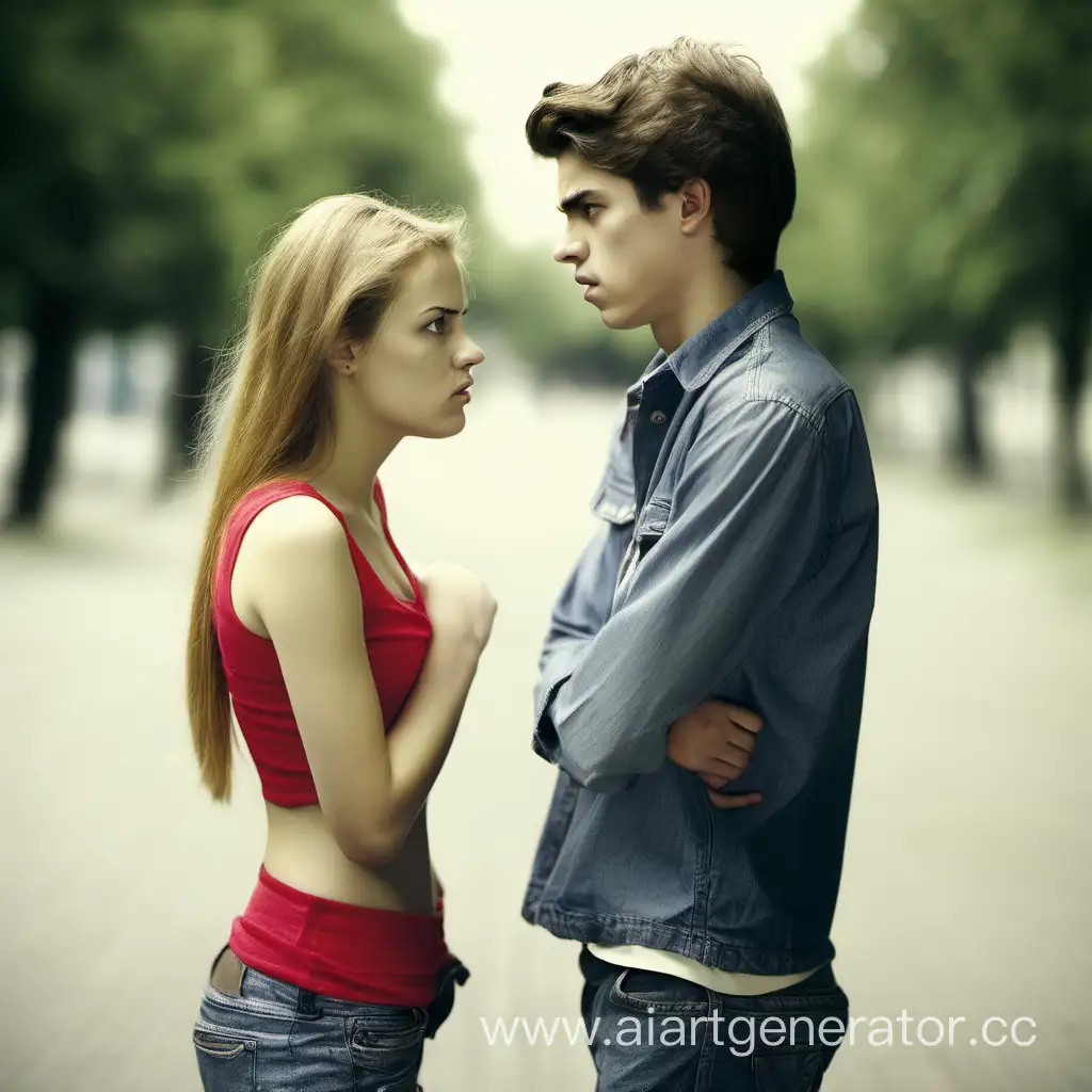 молодые парень и девушка по 19 лет ругаются, вид по пояс