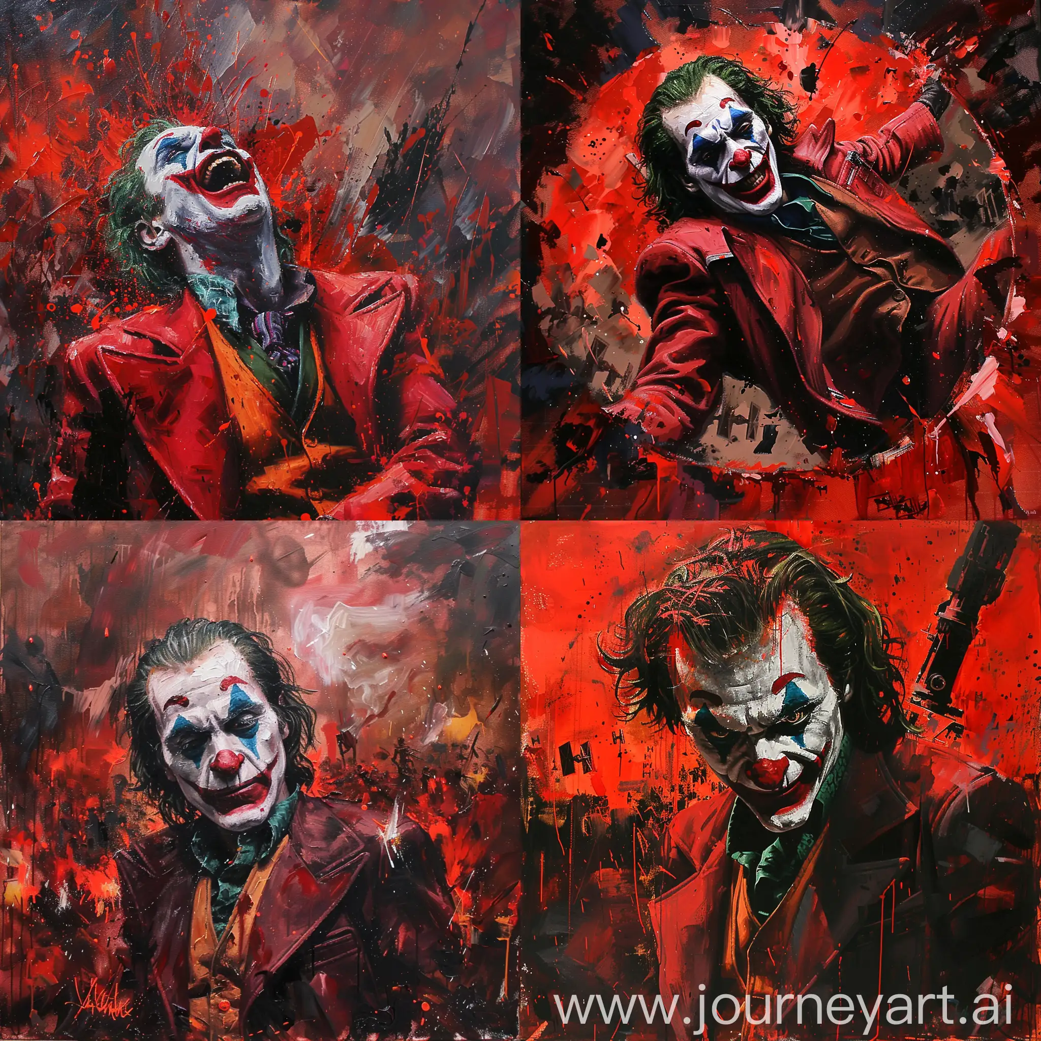 painting of joker in star wars style with bright red colour, dramatic scene, full of chaos 