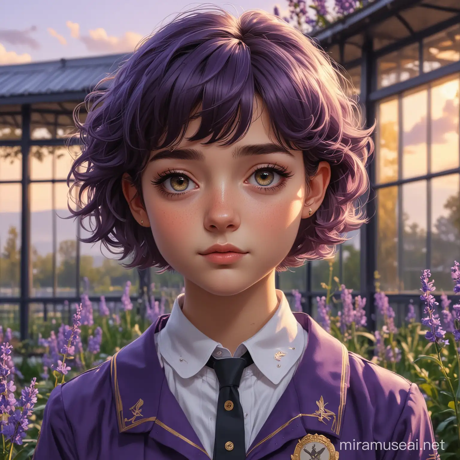 a girl, reader, wears a lavander school uniform, have gold badge in uniform, short hair, wavy hair, dark violet hair, shy personality, expressive eyes,  glass pavillion as background, flowers and crows, dawn view