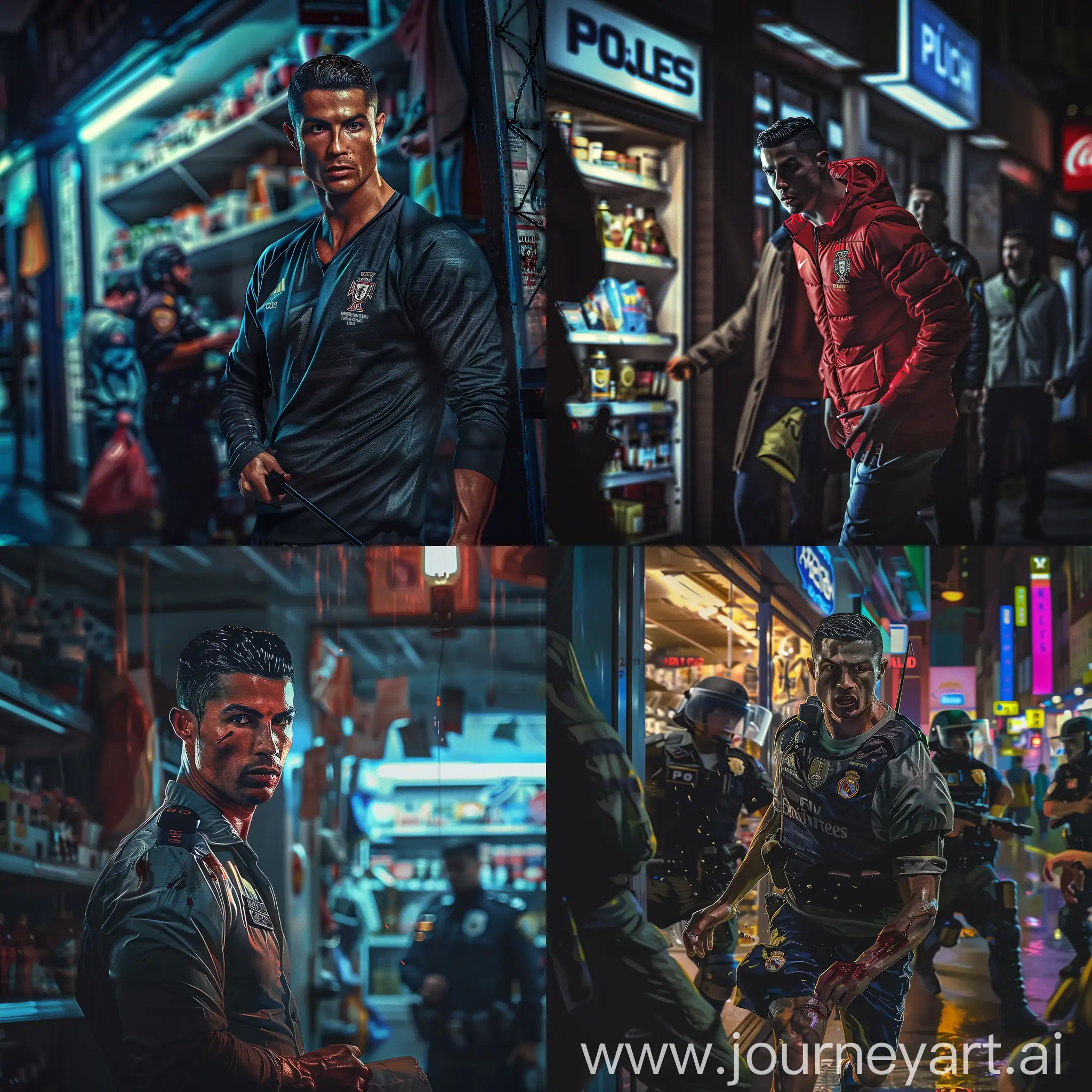 Cristiano Ronaldo robbing a store, police background, realistic, night time, super detail, 8k, hdr
