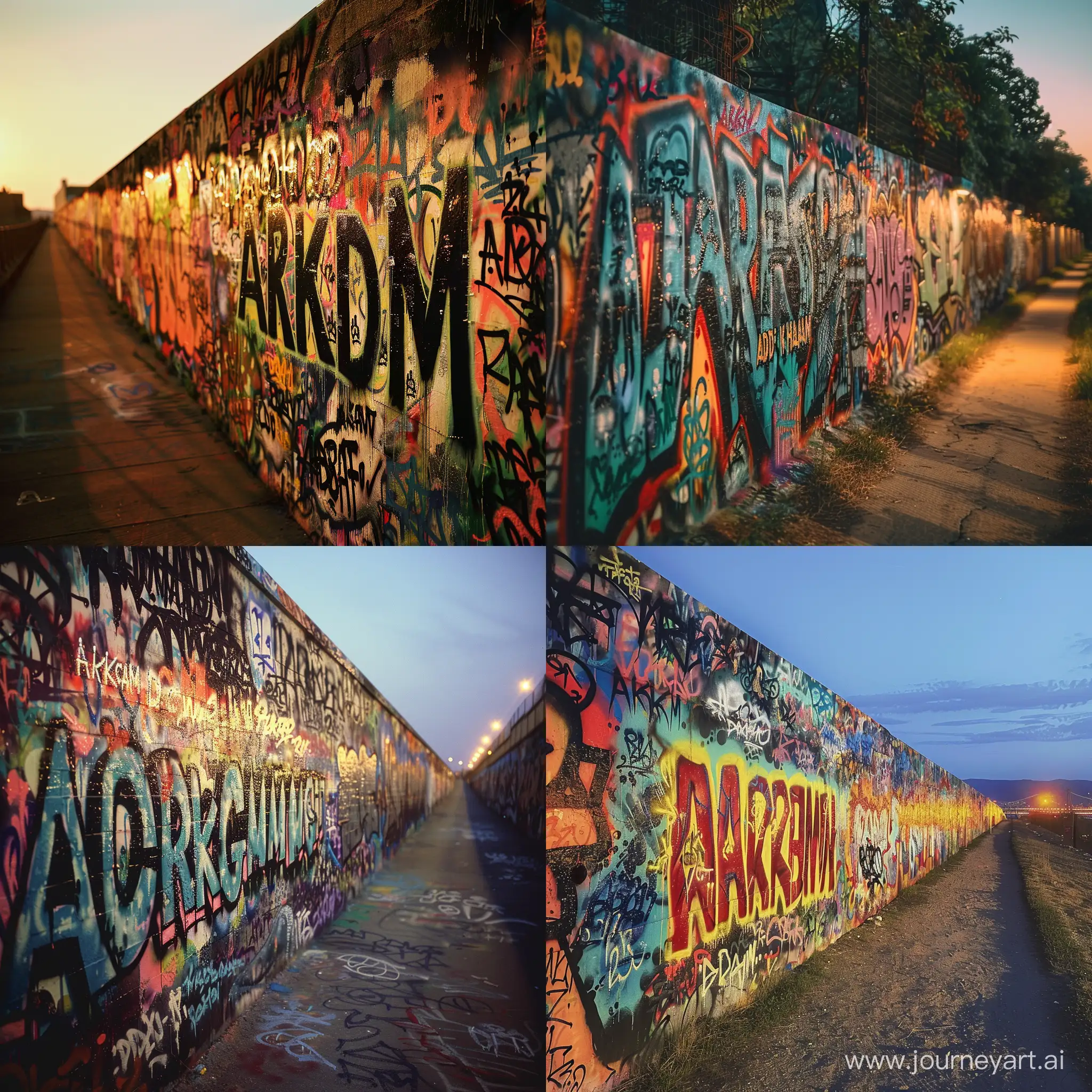 Gotham in the night, There is a wall along the way, full of graffiti, and in the middle the graffiti says ARKHAM, Generate an image showcasing a straight, uninterrupted wall extending from the left to the right of the frame. The wall is covered with vibrant graffiti, featuring a rich tapestry of colors and tags 'adi paw' under the warm glow of evening light. The path alongside the wall is clear and leads the eye through the scene, emphasizing the linear perspective of the wall.