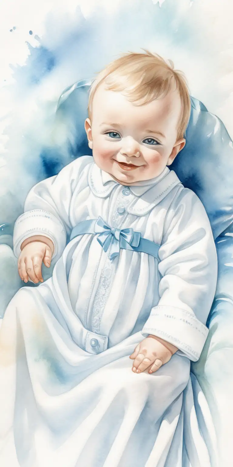 En glad söt  pojk bebis I vit lång dopklänning , ljusblå nyanser I vattenfärg 