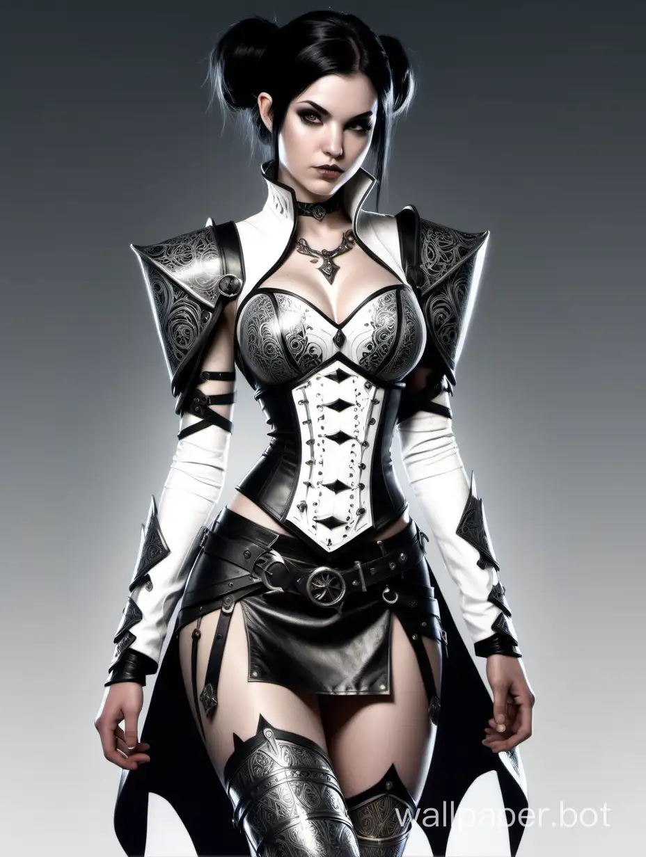 MICHELLE PFAIFER, Woman 20 years old, tall, necromancer mage, short dark hair with tails, white short bustier made of light metal with patterns, deep neckline steel patterned white shoulder pads, Leather white skirt with metal overlays, D&D character, black and white sketch, white background, knee photo, nude-art style