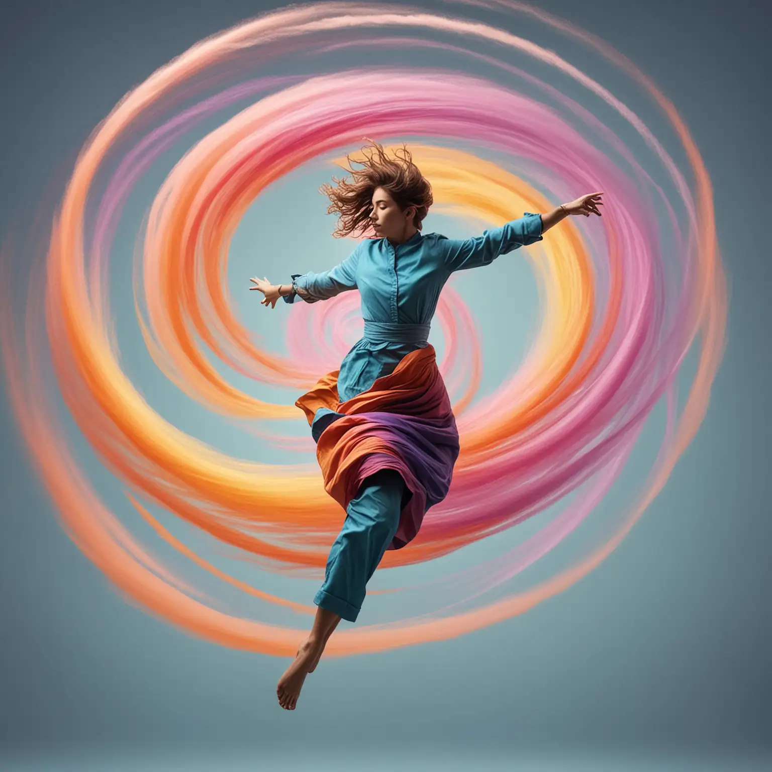 A colorful picture of a person twisting through the air.
