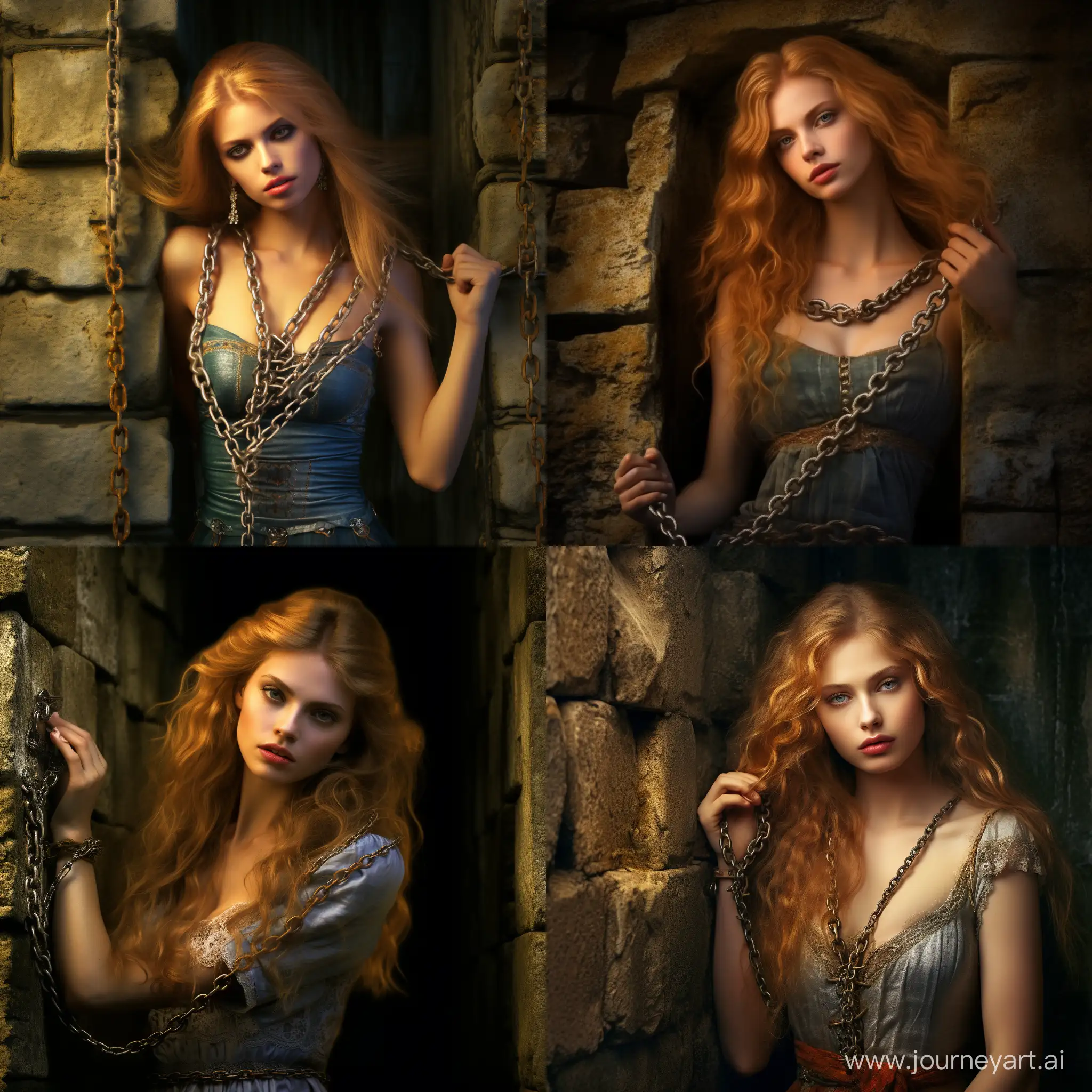 Enchanting-Captivation-GoldenHaired-Maiden-Chained-to-Ancient-Stone-Wall