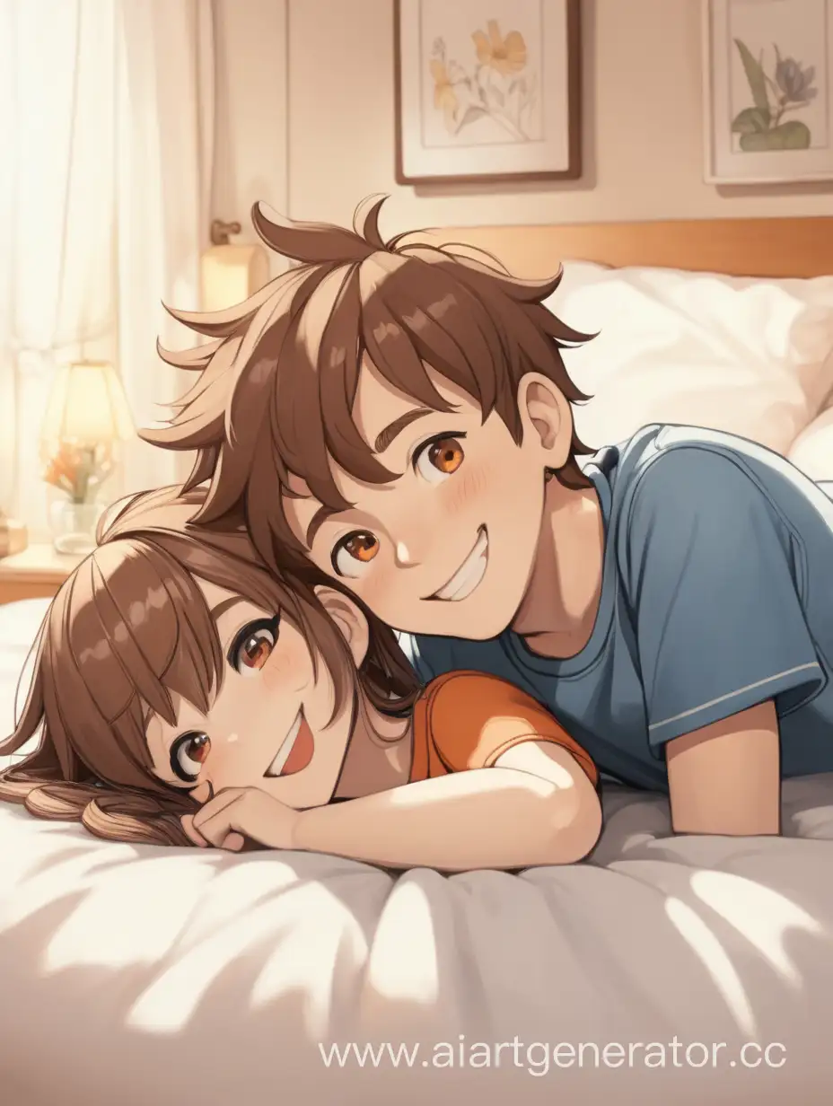 Joyful-Children-Relaxing-on-Bed-with-Radiant-Smiles