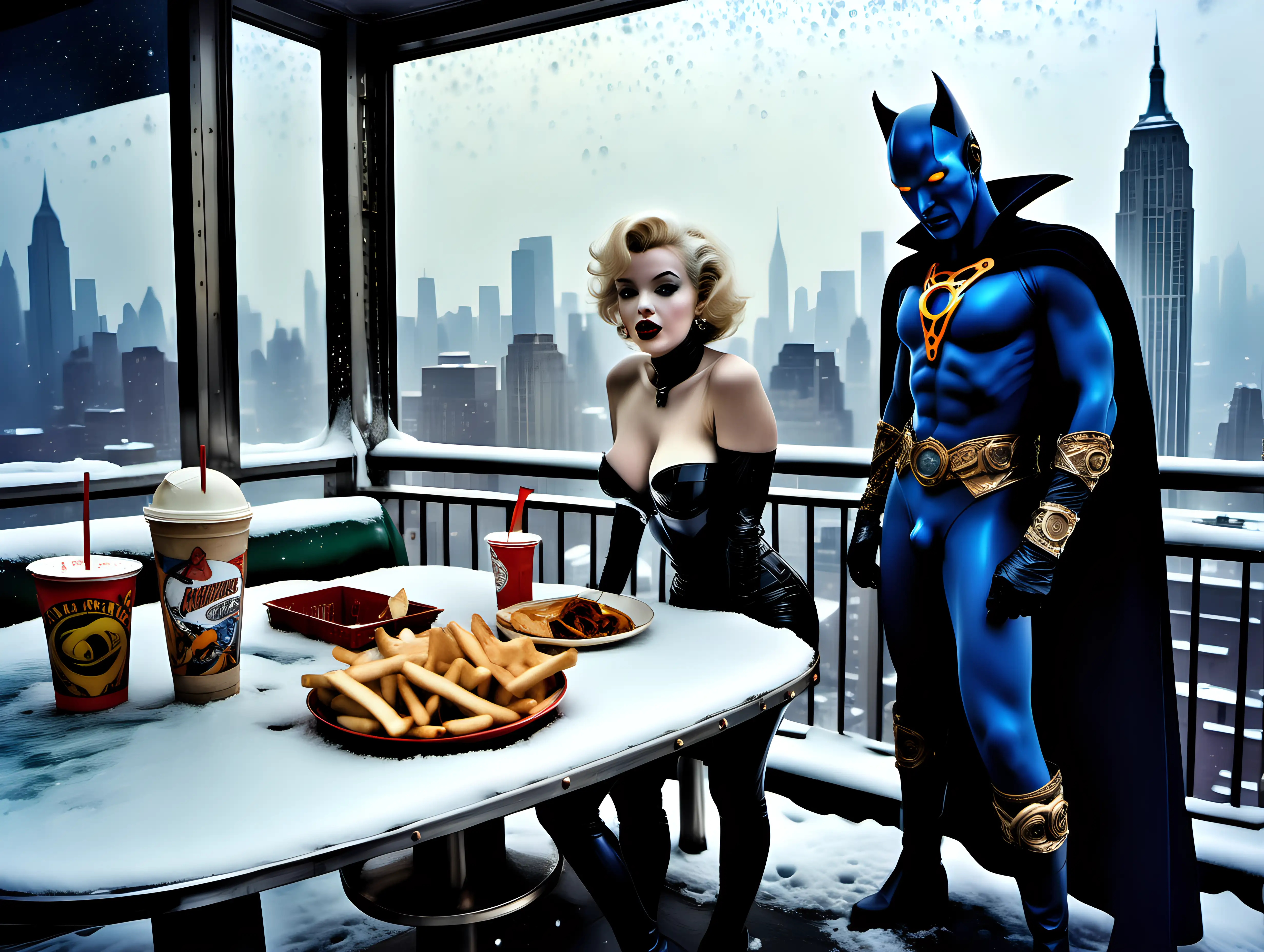 wide view nude Marilyn Monroe as Cat woman and Doctor Strange on a date in a fast food joint overlooking NYC during a snow storm Frank Frazetta style