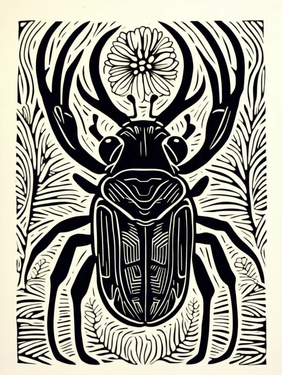 Natureinspired Linocut Print featuring Deer and Beetle