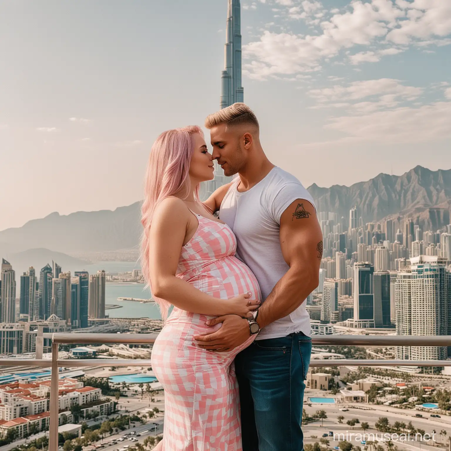 Make a cute couple. The woman has blonde and pink hair and blue eyes. The man is very muscular and has a checkered stomach, light brown and blond hair and blue eyes. The woman is pregnant and her husband hugs her and they kiss 😘. in the background there should be a huge mountain, a skyscraper like the one in Dubai, the Burj Khalifa floor should also have a beautiful sea with palm trees. The married couple built their huge luxury villa on the side of another mountain, they also have their own private plane with a private airport ❤️❤️❤️Bay sands Singapore hotel next to the Burj Khalifa should be visible in the background ,The Singapore hotel should also be visible!!