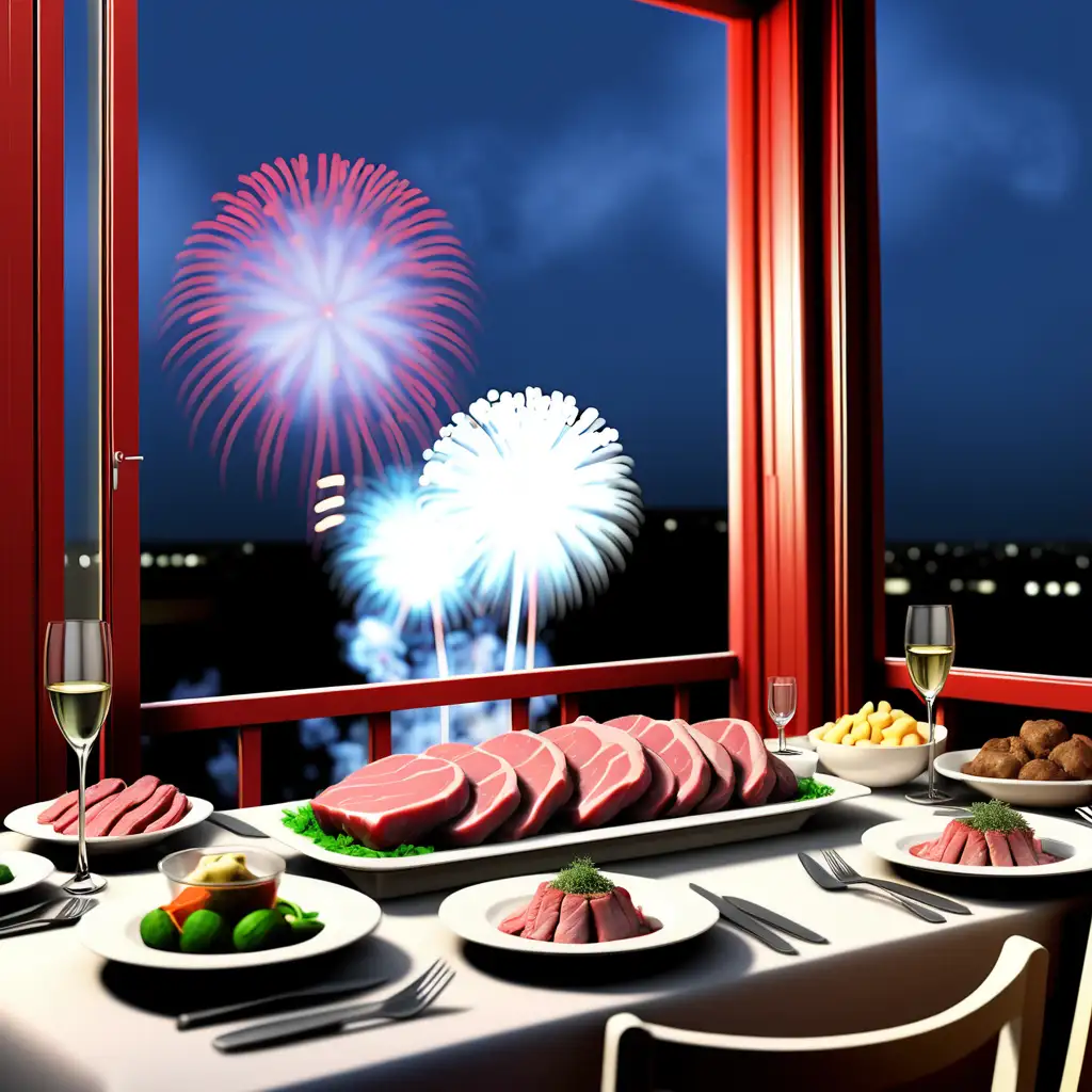 Meat on the table, through the window fireworks
