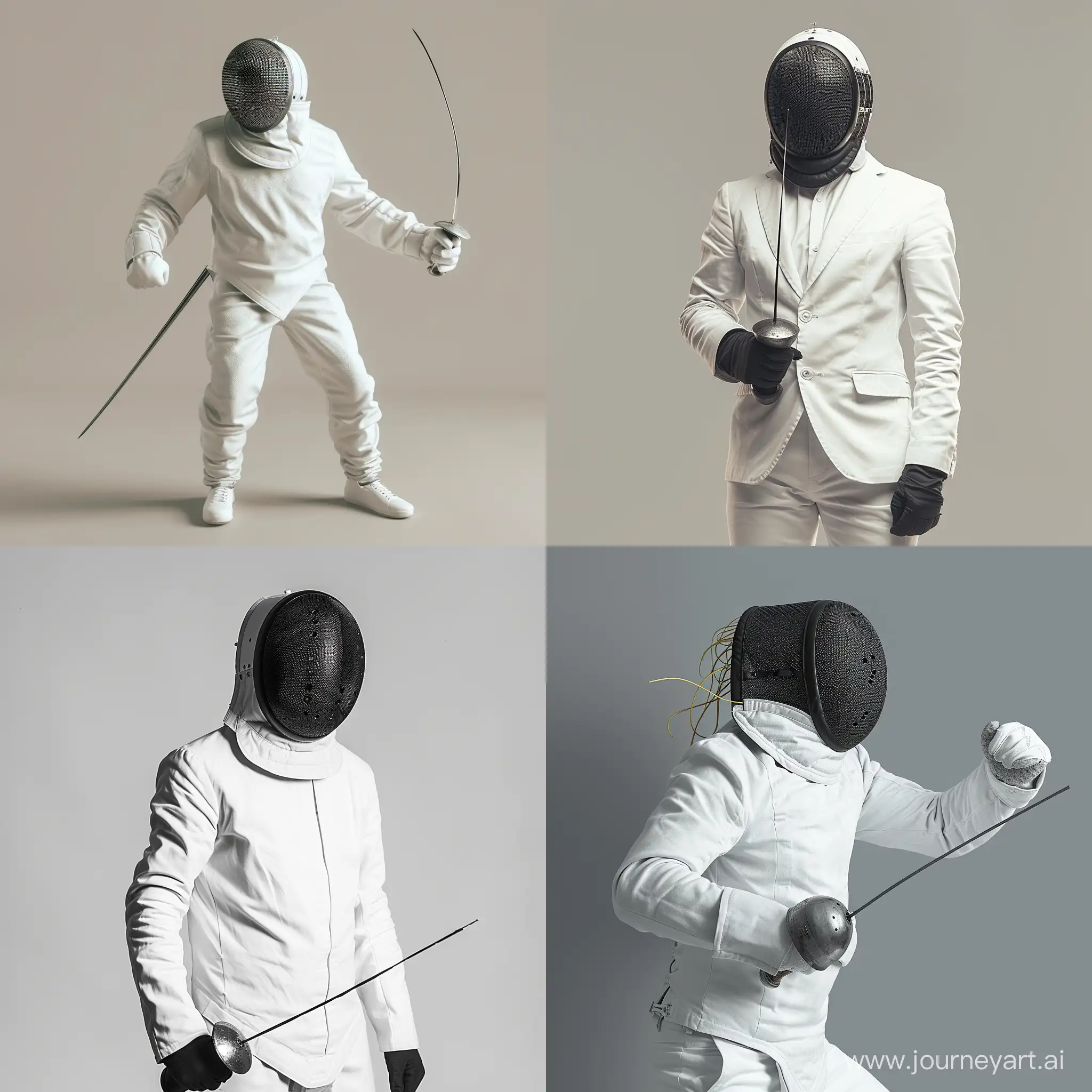 Figure in white suit and spaghetti fencing mask on flat background realistic photo full of detail