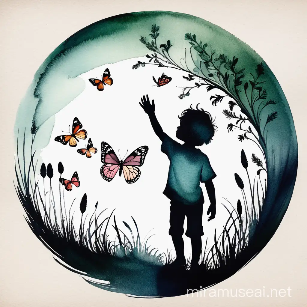 HandDrawn Watercolor Logo Little Boy Reaching for Butterfly