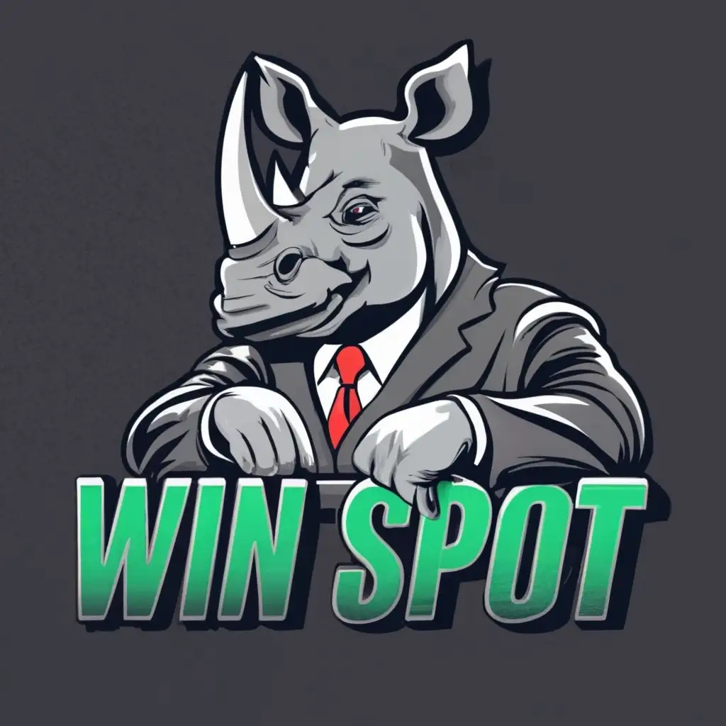 logo, logo, mafia style graphics, 3D, hyperrealistic, money, rhino in suit, investing, dark color, mafia man, sitting on pc, cocaine, boss, Rolex, new york, stocks, with the text "win spot", typography, with the text "win spot", typography, be used in Finance industry