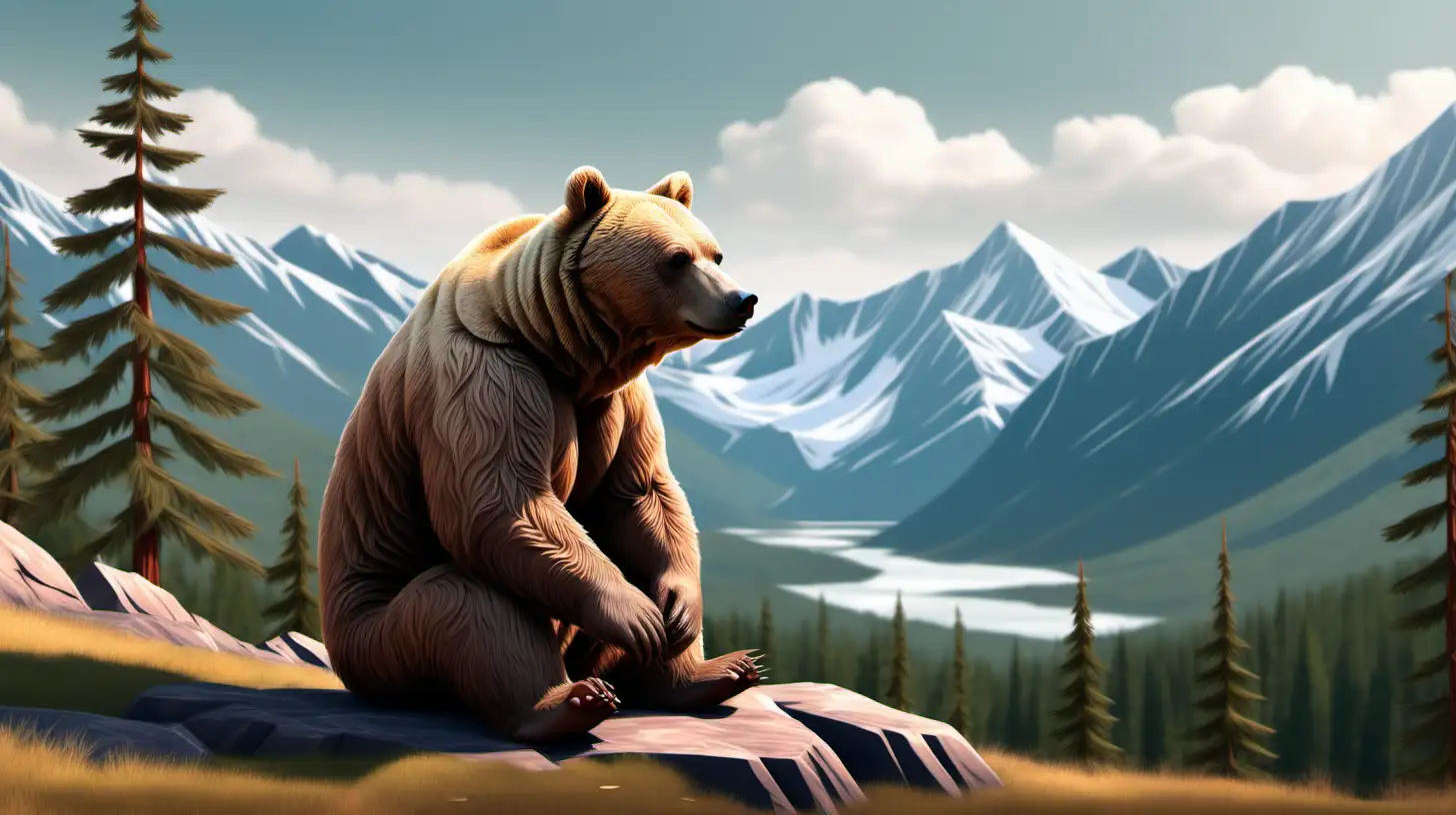 Image of a bear sitting in wilderness, ambient mountains in the background, realistic cartoon style, 2D image