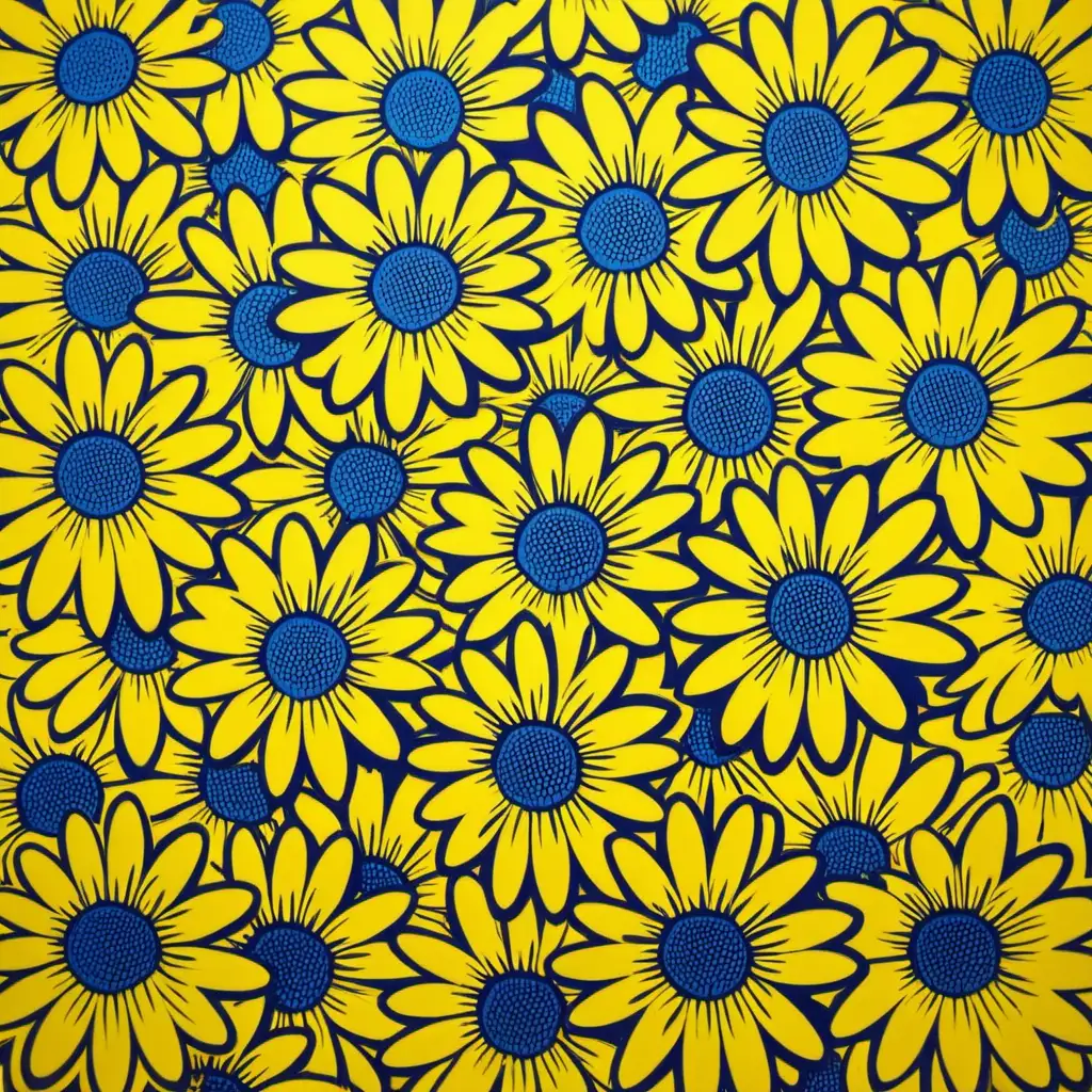 /imagine prompt HAND PRINTED, SIMPLE, DOZENS OF MULTI-PETALED DAISY,YELLOW COLOR, ANDY WARHOL INSPIRED
