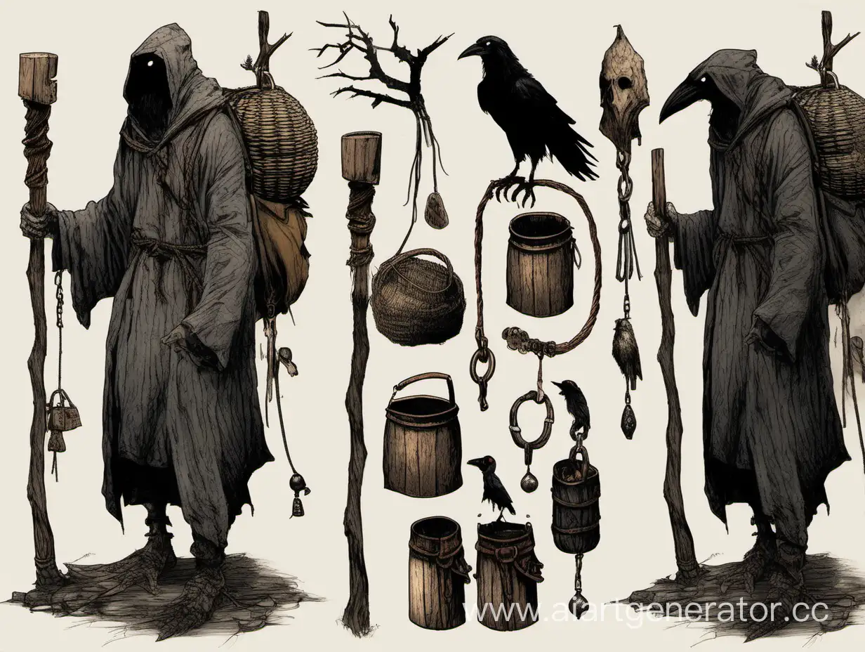 Hermit in rugged and patch robe, face in horrible scars. On his back he wears basket backpack. On his rope belt rusted mug and two small bone charms. In hand wooden staff. Near him giant crow accompanied him. Dark souls.