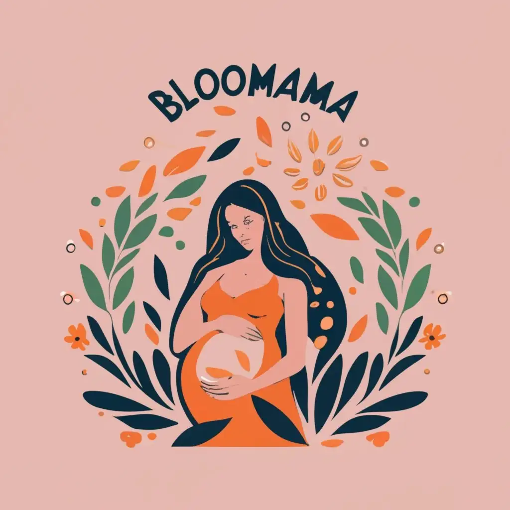 logo, A pregnant mother with long hair under nature for a haircare brand with a hair oil, with the text "Bloomama", typography, be used in Beauty Spa industry