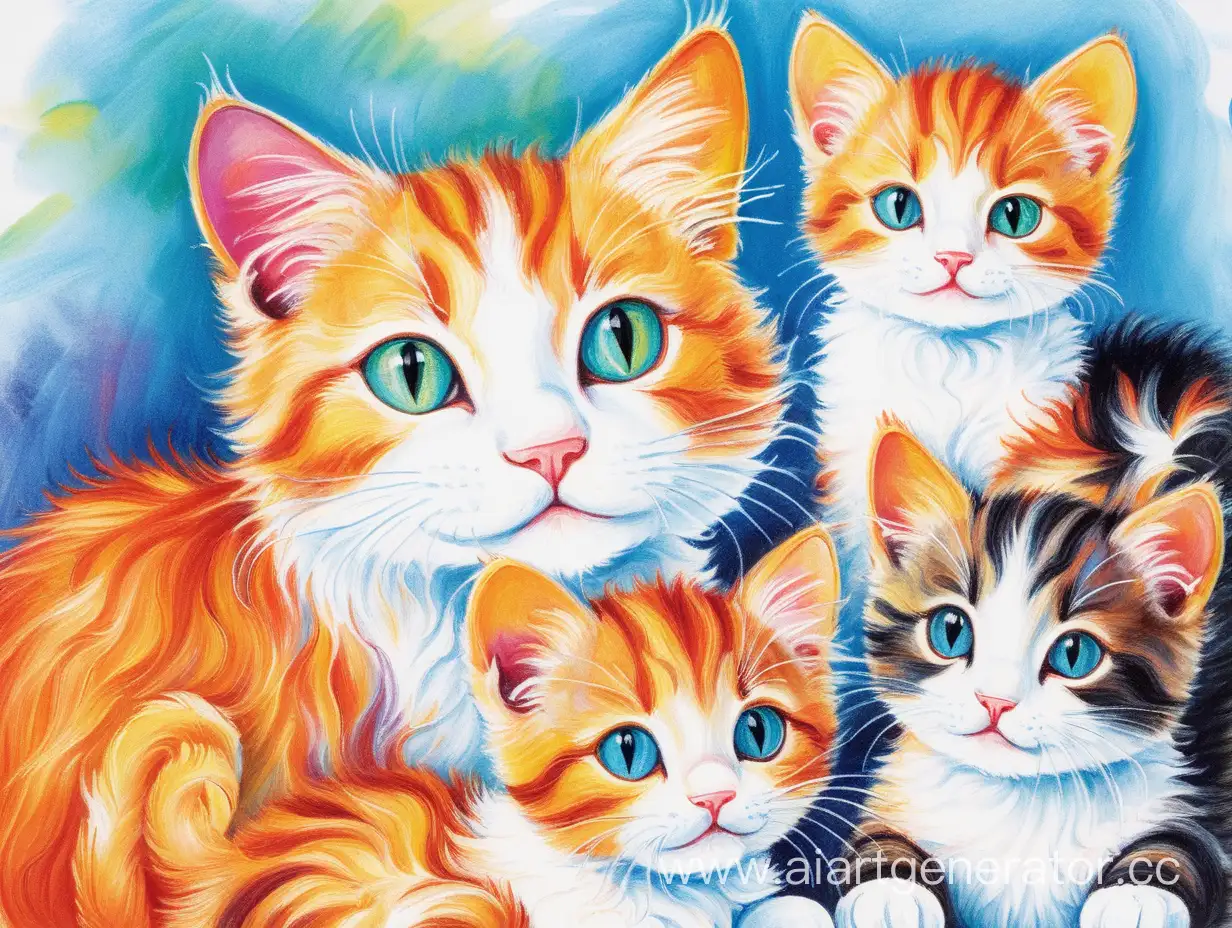 cat with kittens, drawing, bright colors