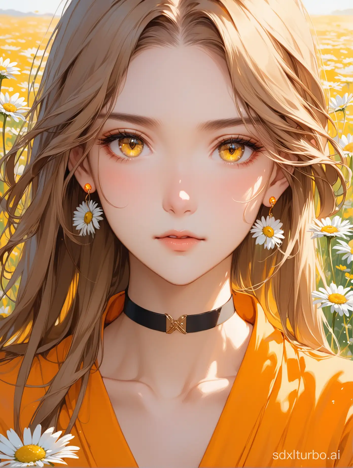 Top quality, masterpiece, a girl, light brown long hair, slightly curled, yellow earrings, neckband, (orange clothing), (exquisite hair portrayal), (exquisite yellow eyes portrayal), (exquisite facial features portrayal), solo, (daisies), portrait description, sense of brokenness
