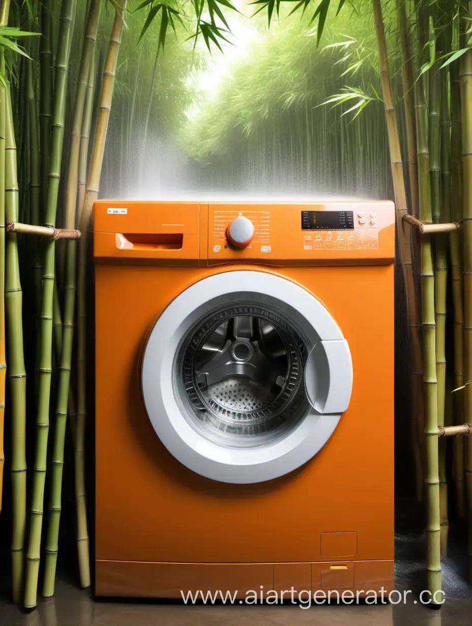 стиральная машина стирает оранжевое белье, на фоне растет бамбук