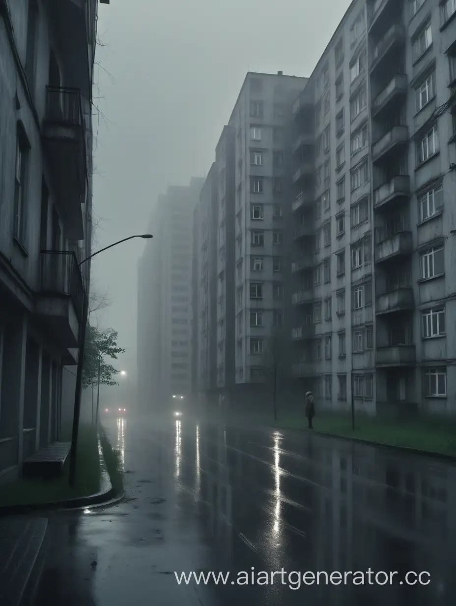 Russia of the 90s. A gloomy street, gray apartment buildings, sad people going to work, a dystopian atmosphere. Drizzling light rain, light fog. High detail, realism, 4K