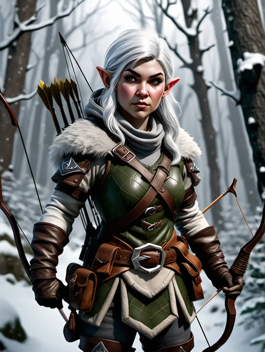 Photorealistic Dungeons and dragons character image of a female ranger gnome with a strong but feminine appearance. She is in a snowy forest setting. She is a hunter and proficient with a bow and arrow.