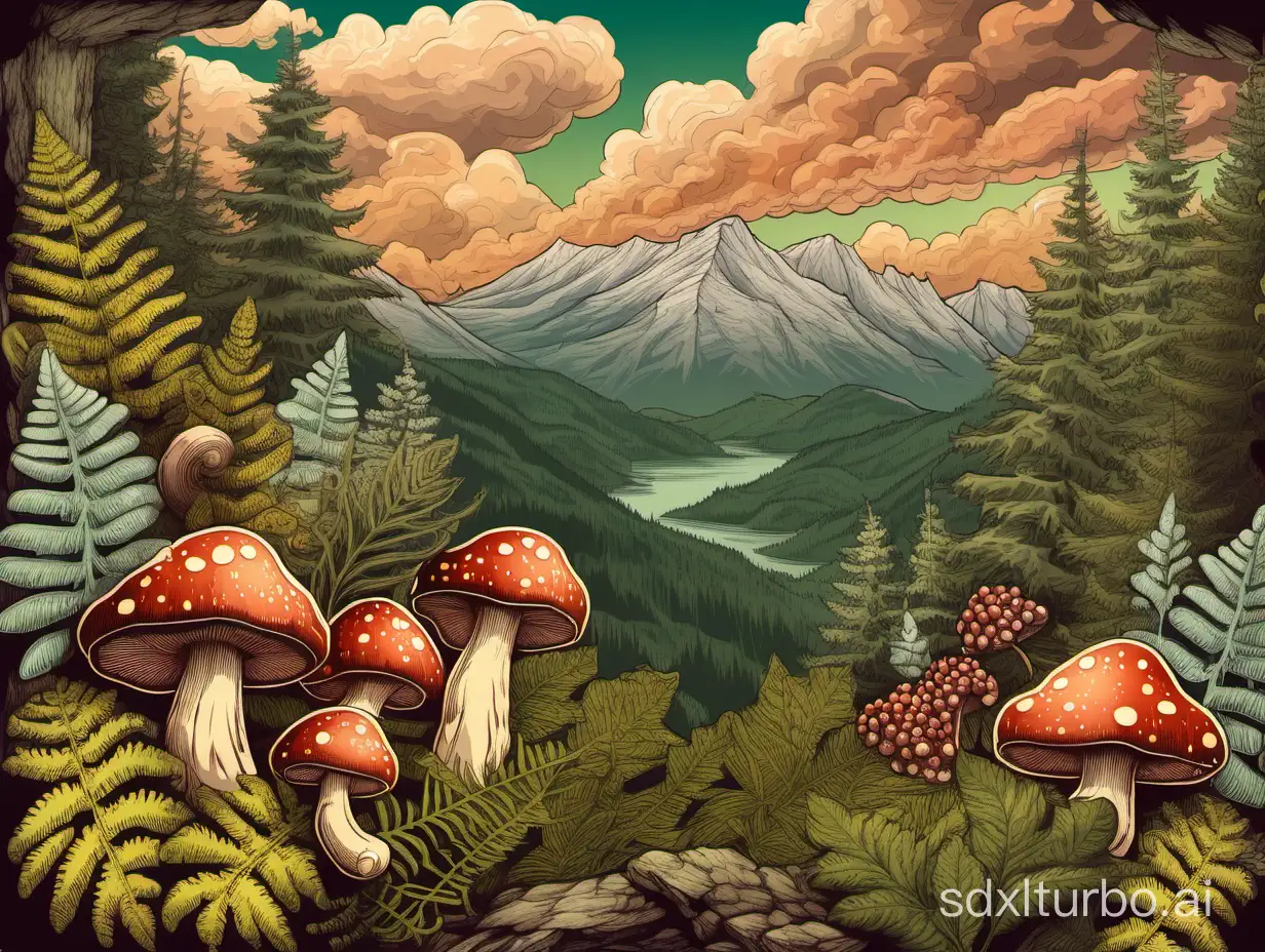vintage forerst with mushrooms, fern, lichen, berries, in the background rugged mountains and colorful clouds
