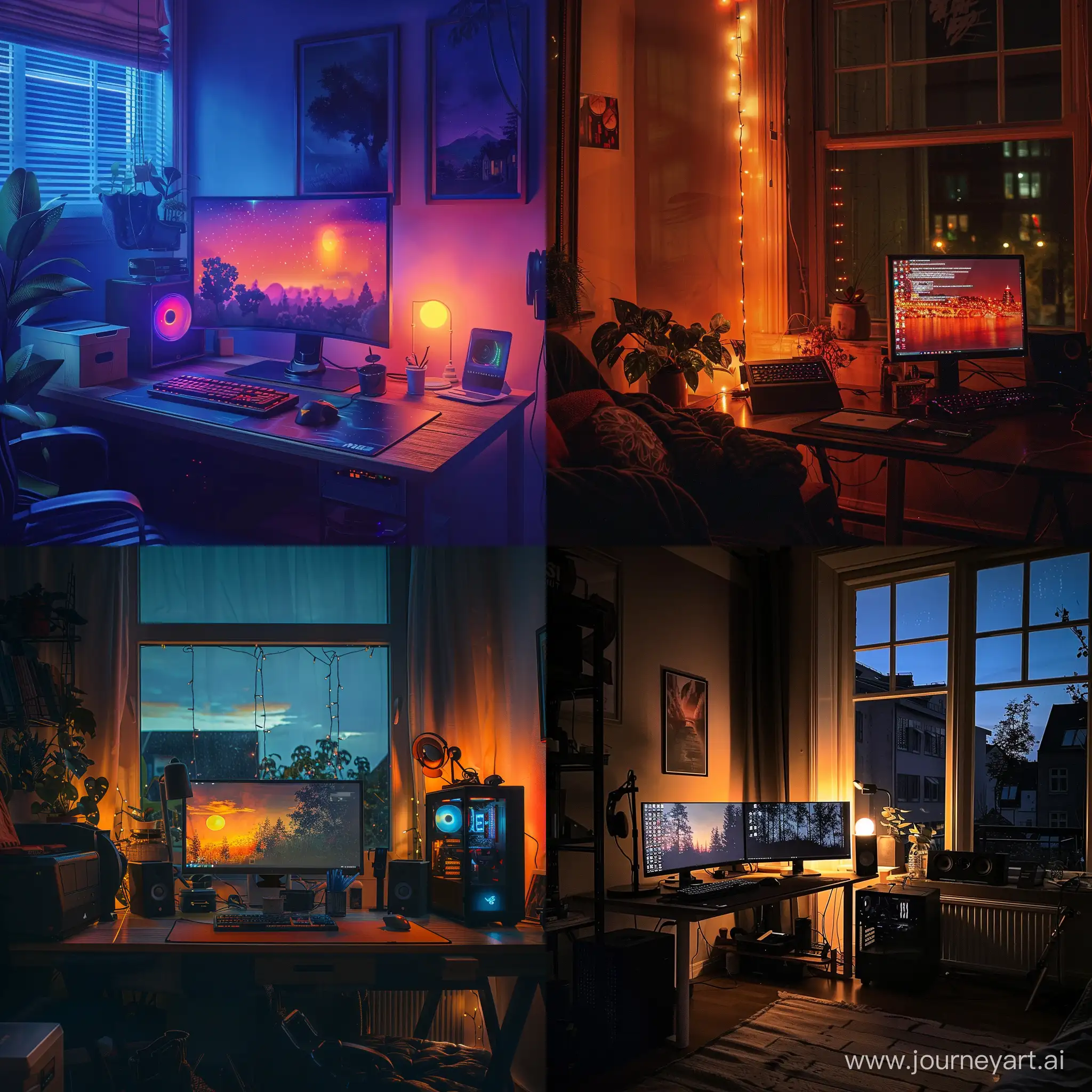Cozy-Night-Workspace-with-Illuminated-Computer