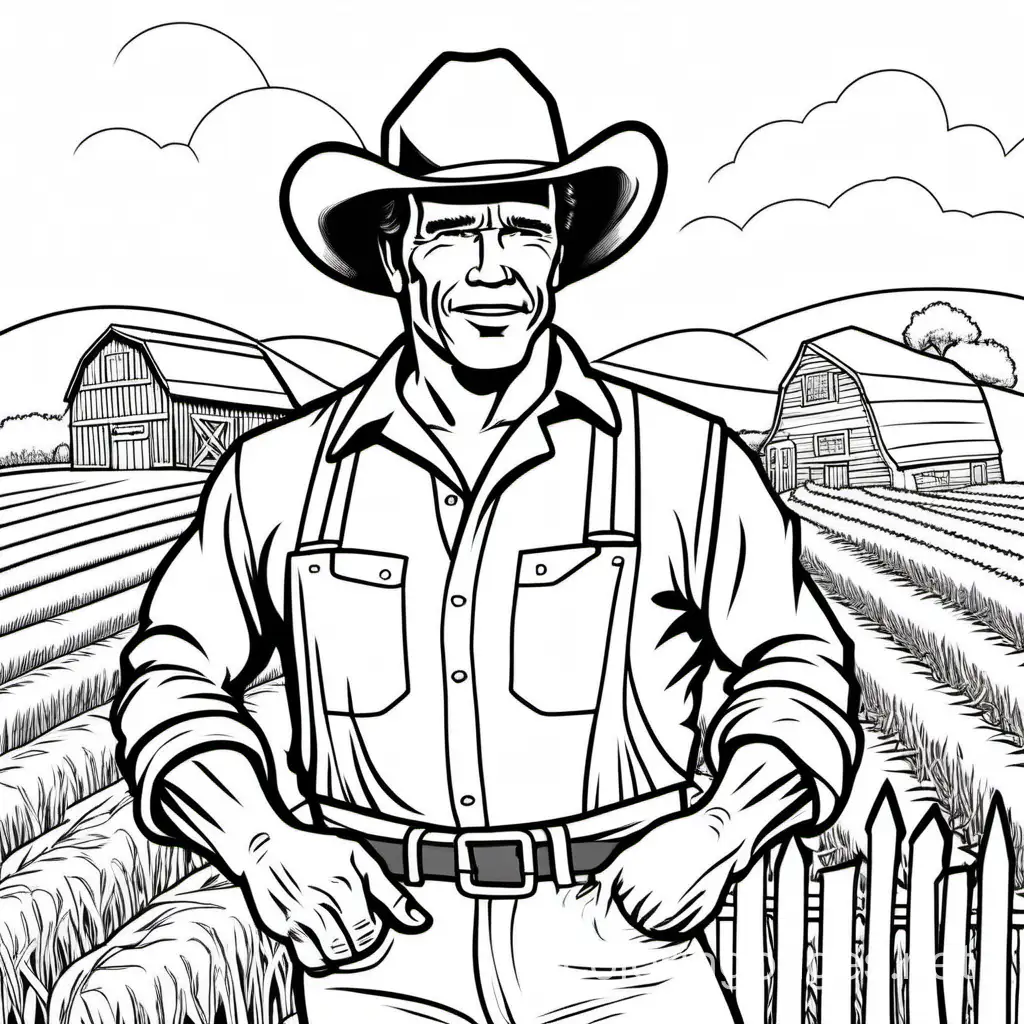 arnold schwarzenegger as a farmer, Coloring Page, black and white, line art, white background, Simplicity, Ample White Space. The background of the coloring page is plain white to make it easy for young children to color within the lines. The outlines of all the subjects are easy to distinguish, making it simple for kids to color without too much difficulty