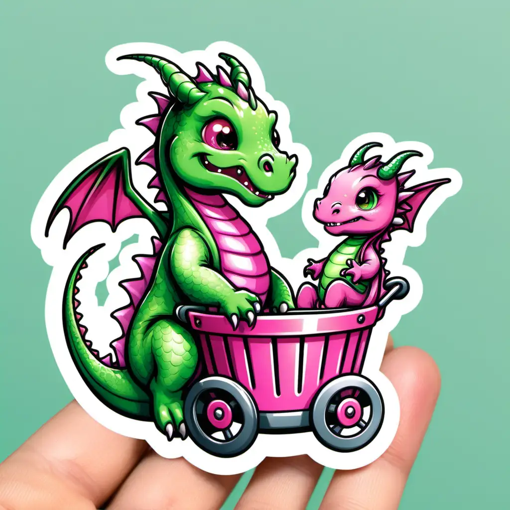 Joyful Green Dragon Carrying Pink Bucket Cart with Baby