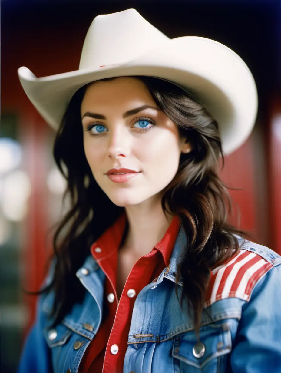 Create an attractive 30 year old brunette with blue eyes wearing a denim jacket and red, white and blue cowboy hat. Make it in Kodak Portra 400 quality.